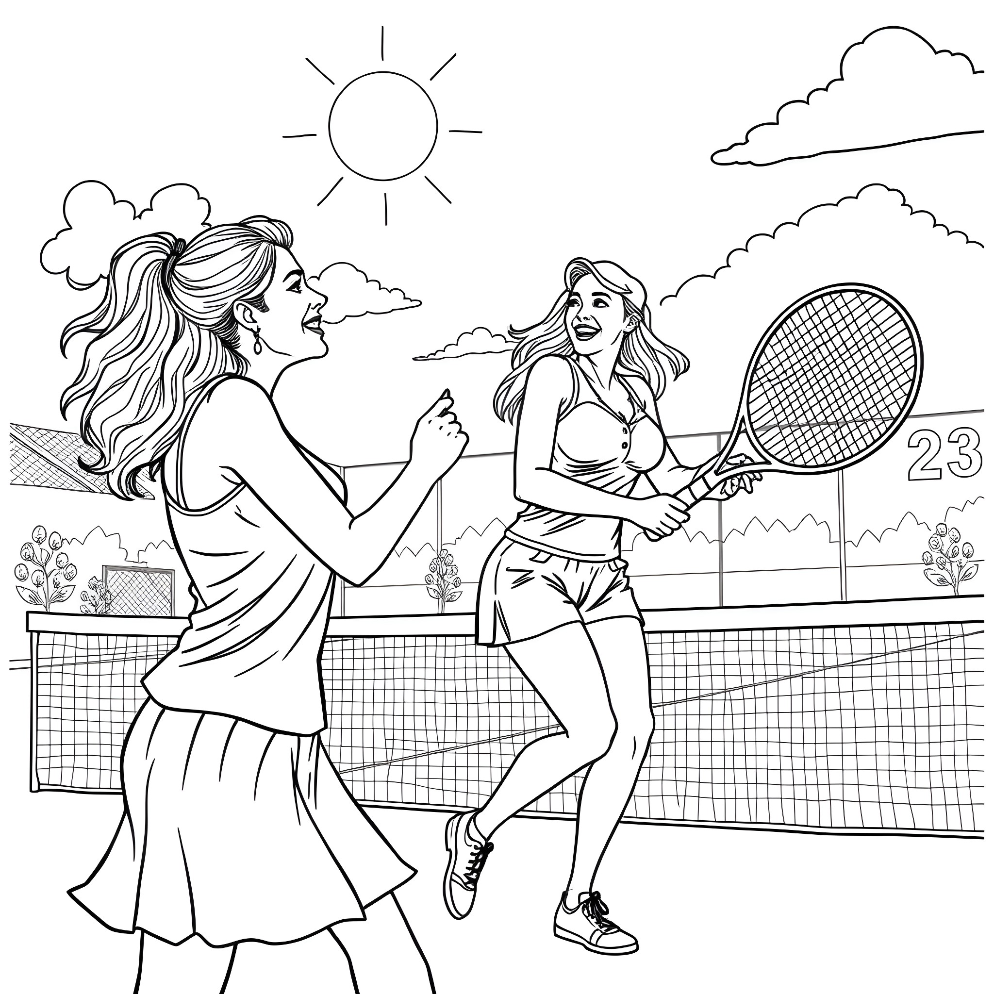 Lesbian tennis players enjoying a match on the court Coloring Page (free black-and-white line drawing printable PDF for all, from beginners to advanced learners, including children, teens, adults, and seniors)