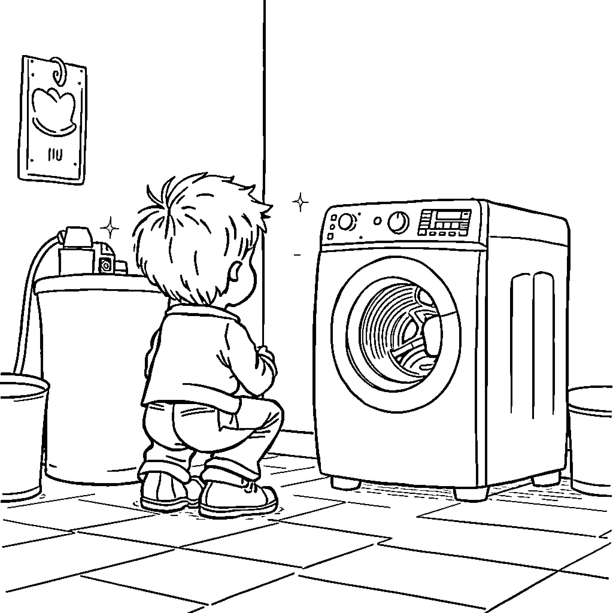 Boy doing laundry in the utility room Coloring Page (free black-and-white line drawing printable PDF for all, from beginners to advanced learners, including children, teens, adults, and seniors)