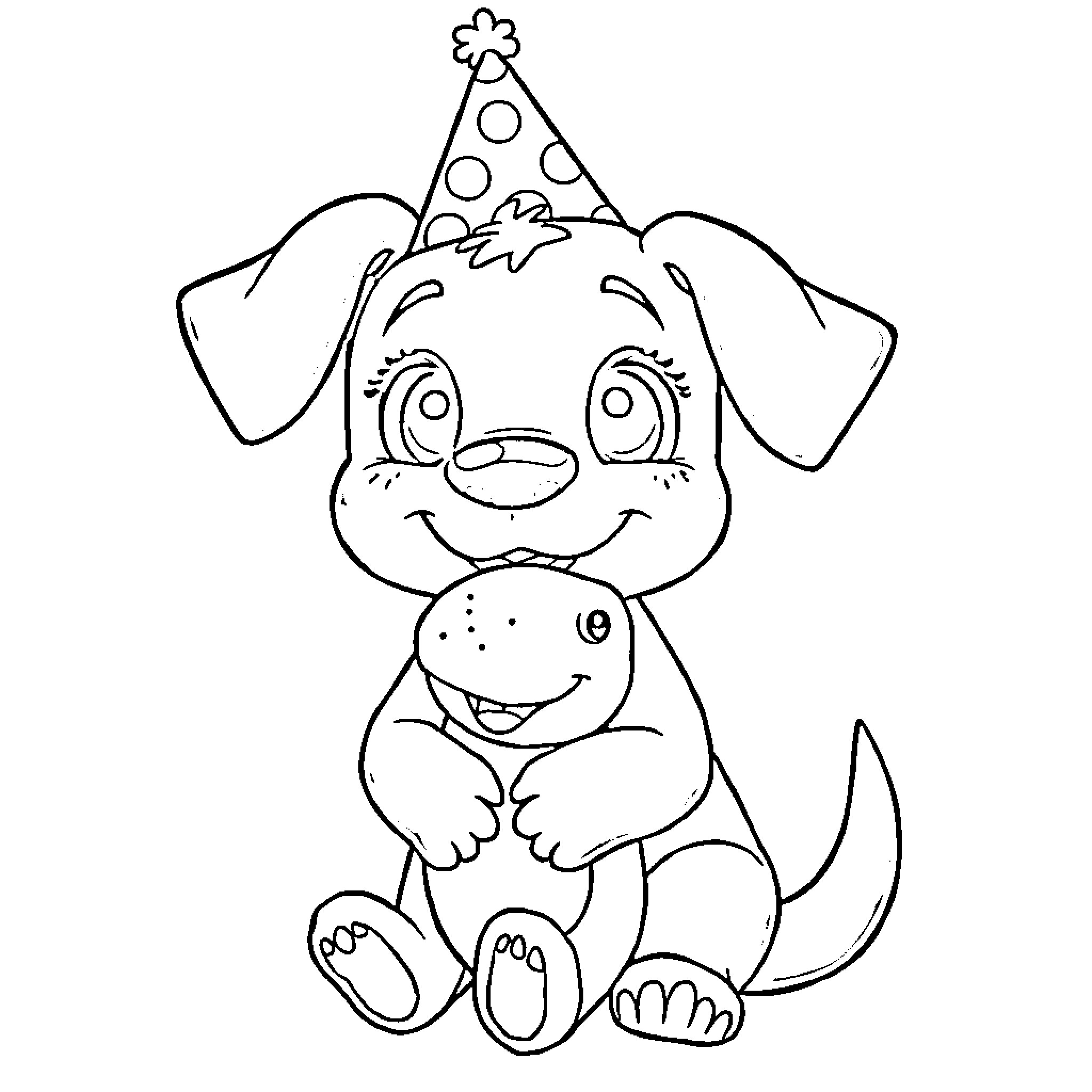 Bluey and puppy celebrate in party hats Coloring Page (free black-and-white line drawing printable PDF for all, from beginners to advanced learners, including children, teens, adults, and seniors)