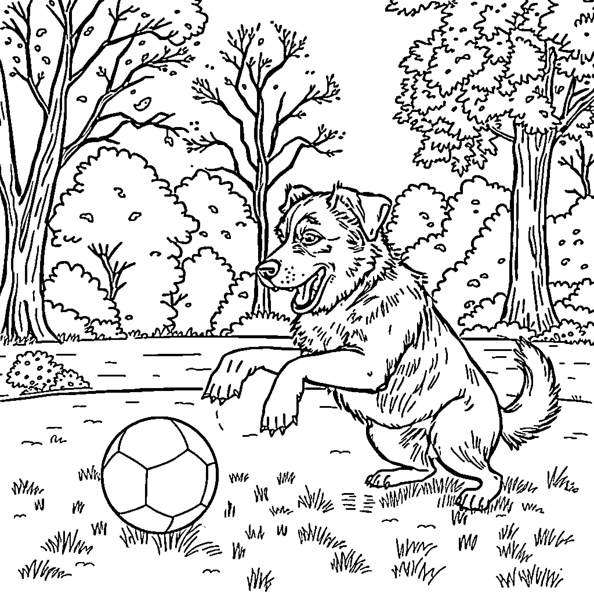 Dog playing with a soccer ball in the forest Coloring Page (free black-and-white line drawing printable PDF for all, from beginners to advanced learners, including children, teens, adults, and seniors)