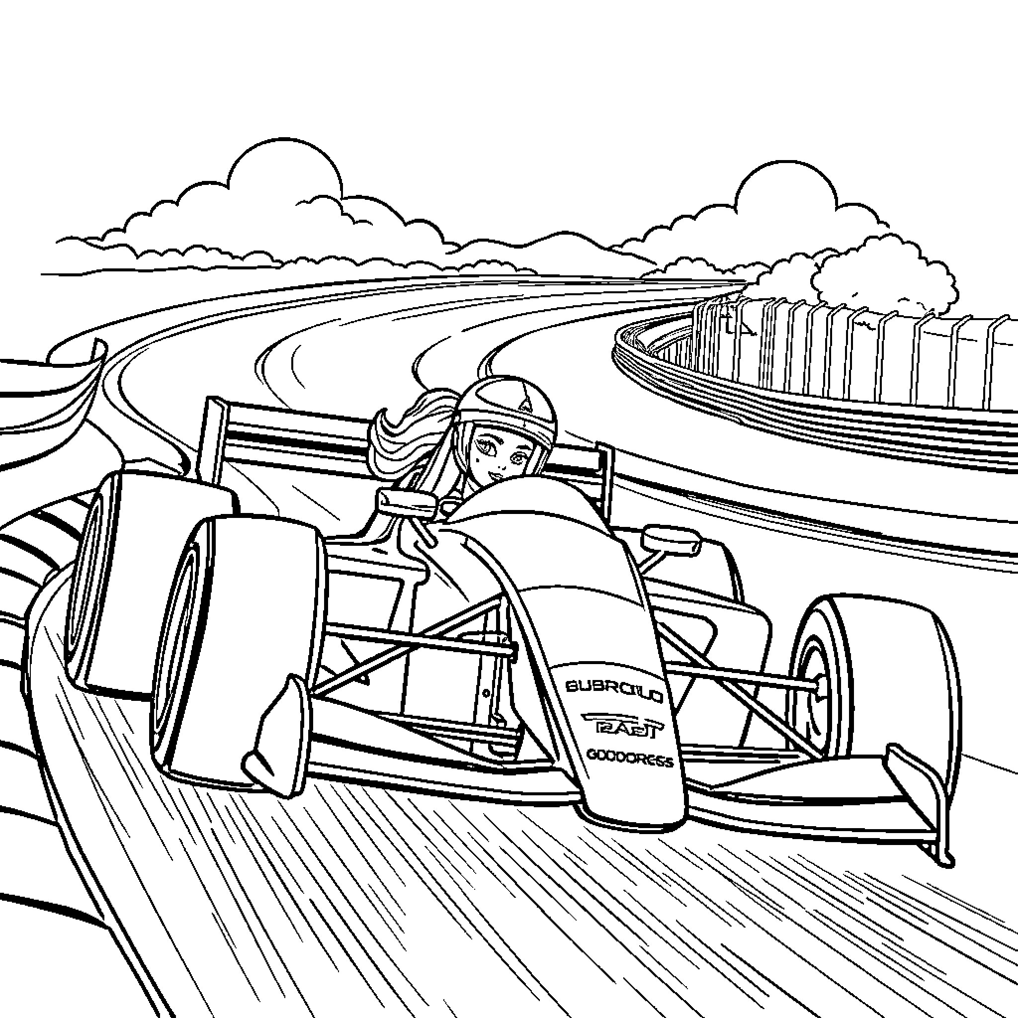 Girl Driving Formula Race Car on Winding Road Coloring Page (free black-and-white line drawing printable PDF for all, from beginners to advanced learners, including children, teens, adults, and seniors)