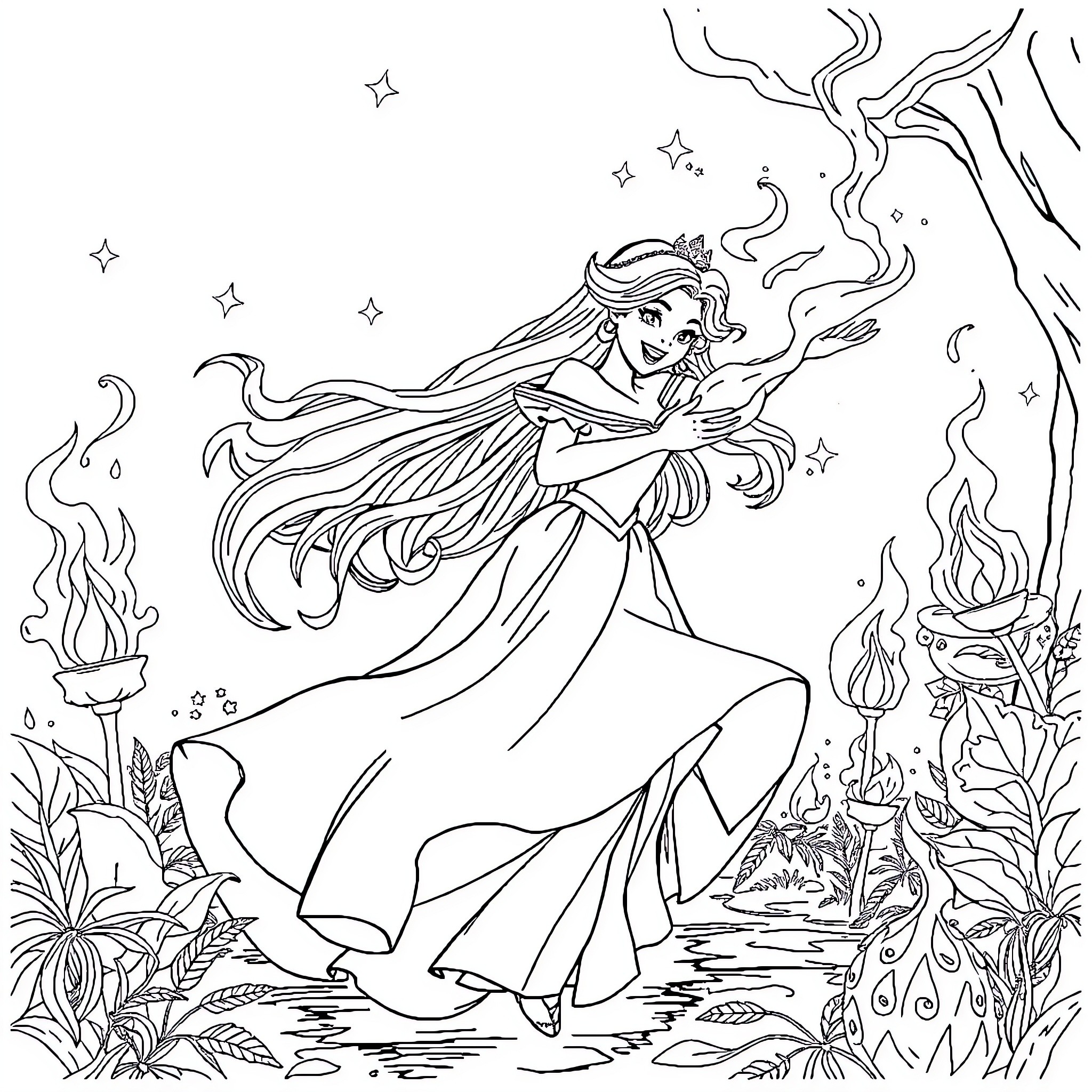 Princess Dancing Gracefully in Enchanted Forest Coloring Page (free black-and-white line drawing printable PDF for all, from beginners to advanced learners, including children, teens, adults, and seniors)