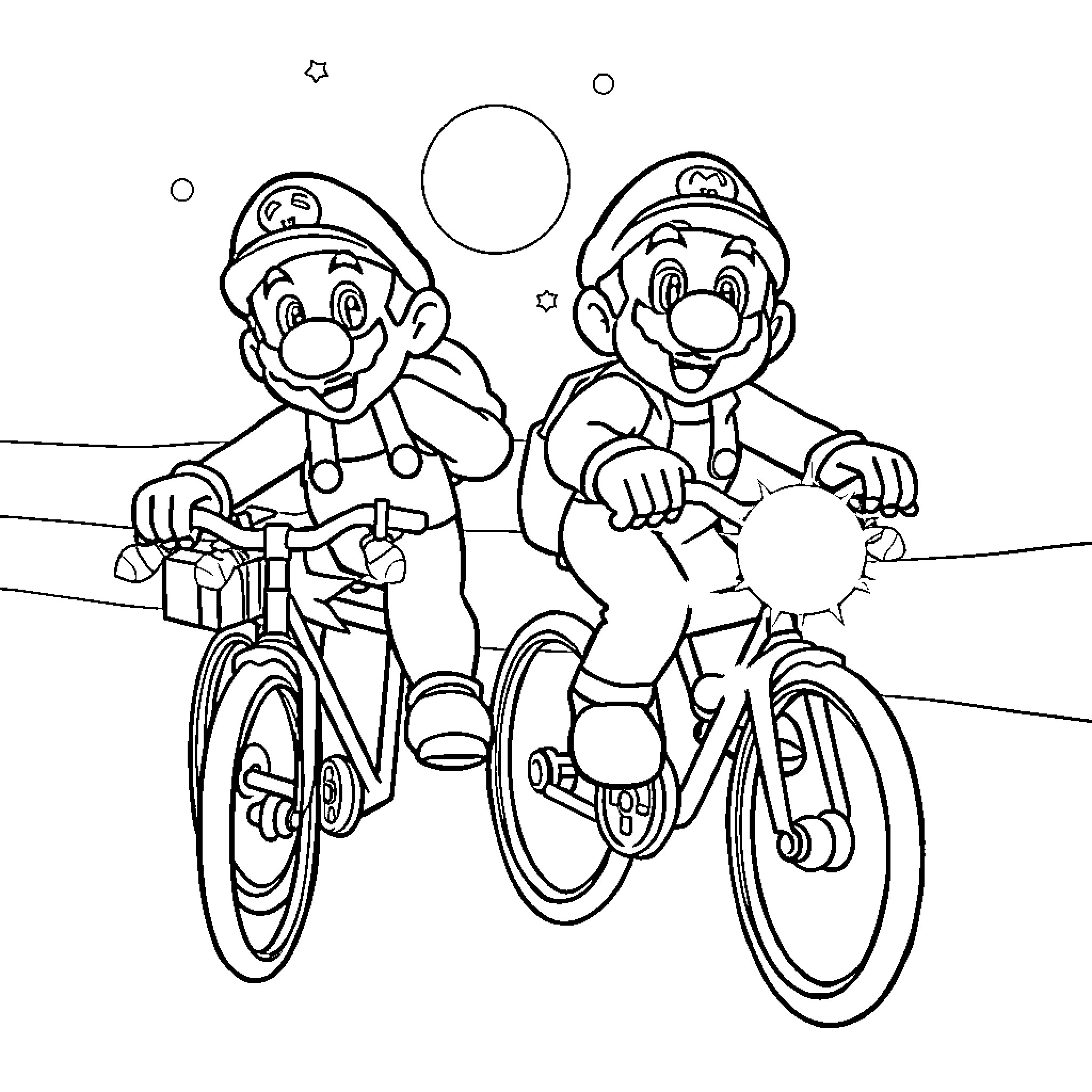 Mario brothers riding bicycles together Coloring Page (free black-and-white line drawing printable PDF for all, from beginners to advanced learners, including children, teens, adults, and seniors)