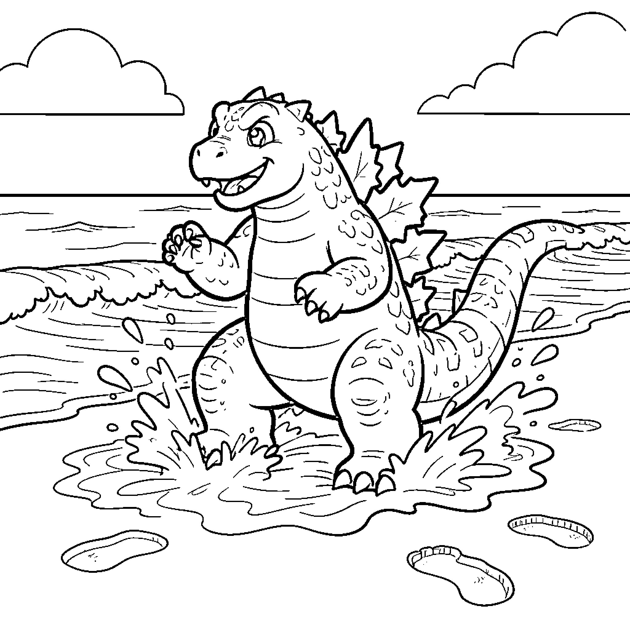 Godzilla walking happily through ocean waves on a beach Coloring Page (free black-and-white line drawing printable PDF for all, from beginners to advanced learners, including children, teens, adults, and seniors)