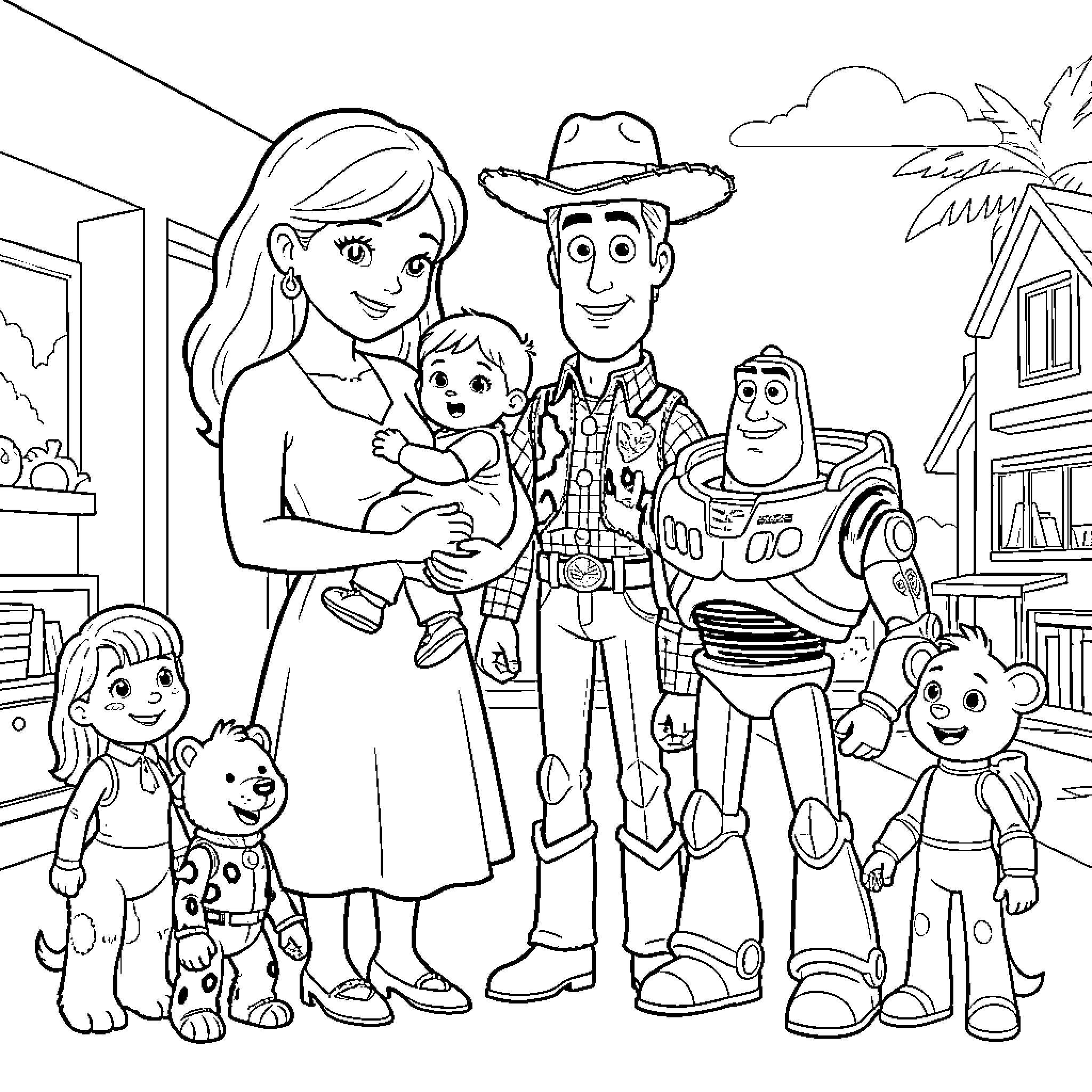 Mother holding baby while standing with toy characters Coloring Page (free black-and-white line drawing printable PDF for all, from beginners to advanced learners, including children, teens, adults, and seniors)