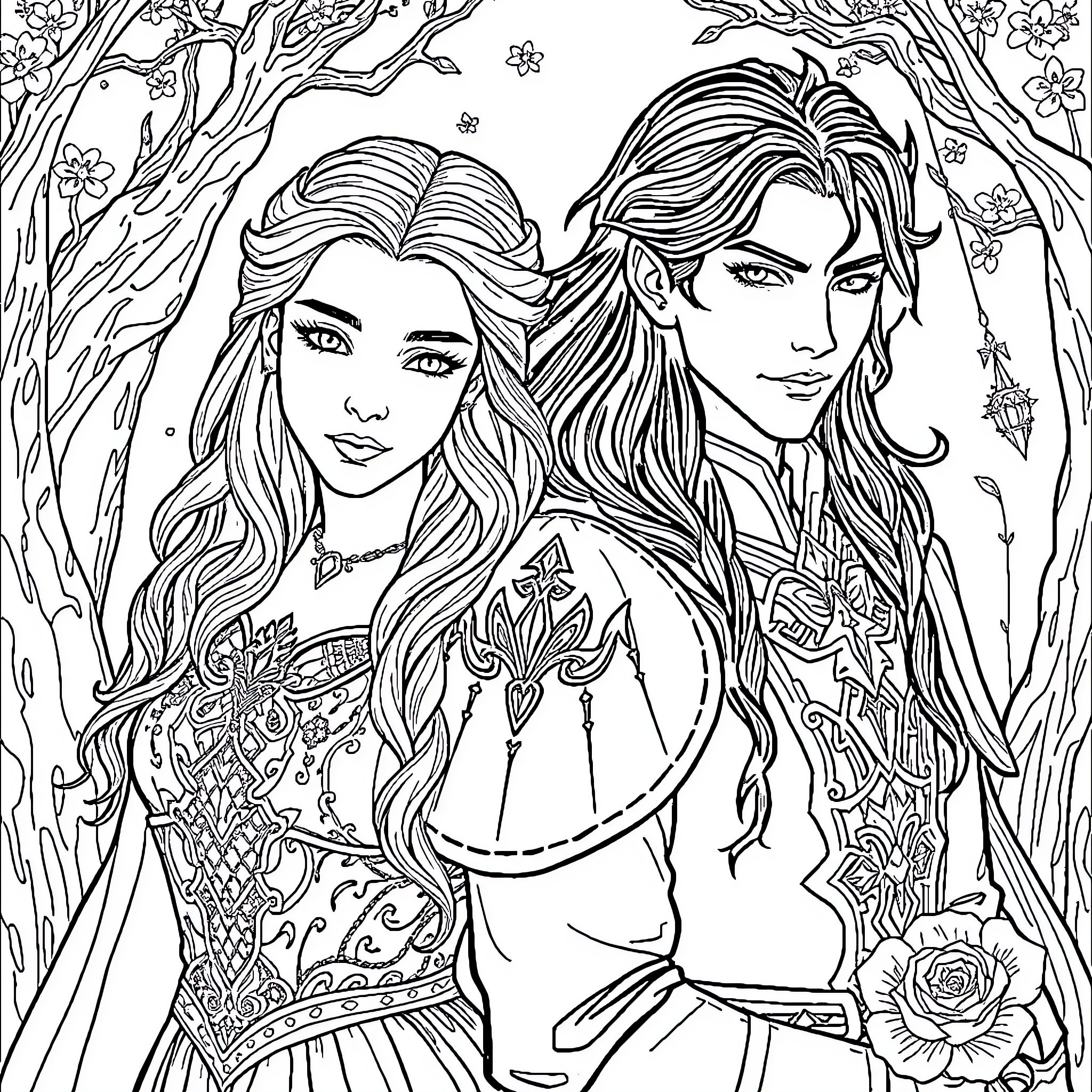 Feyra: Two Fantasy Figures Amid Flowery Nature Coloring Page (free black-and-white line drawing printable PDF for all, from beginners to advanced learners, including children, teens, adults, and seniors)