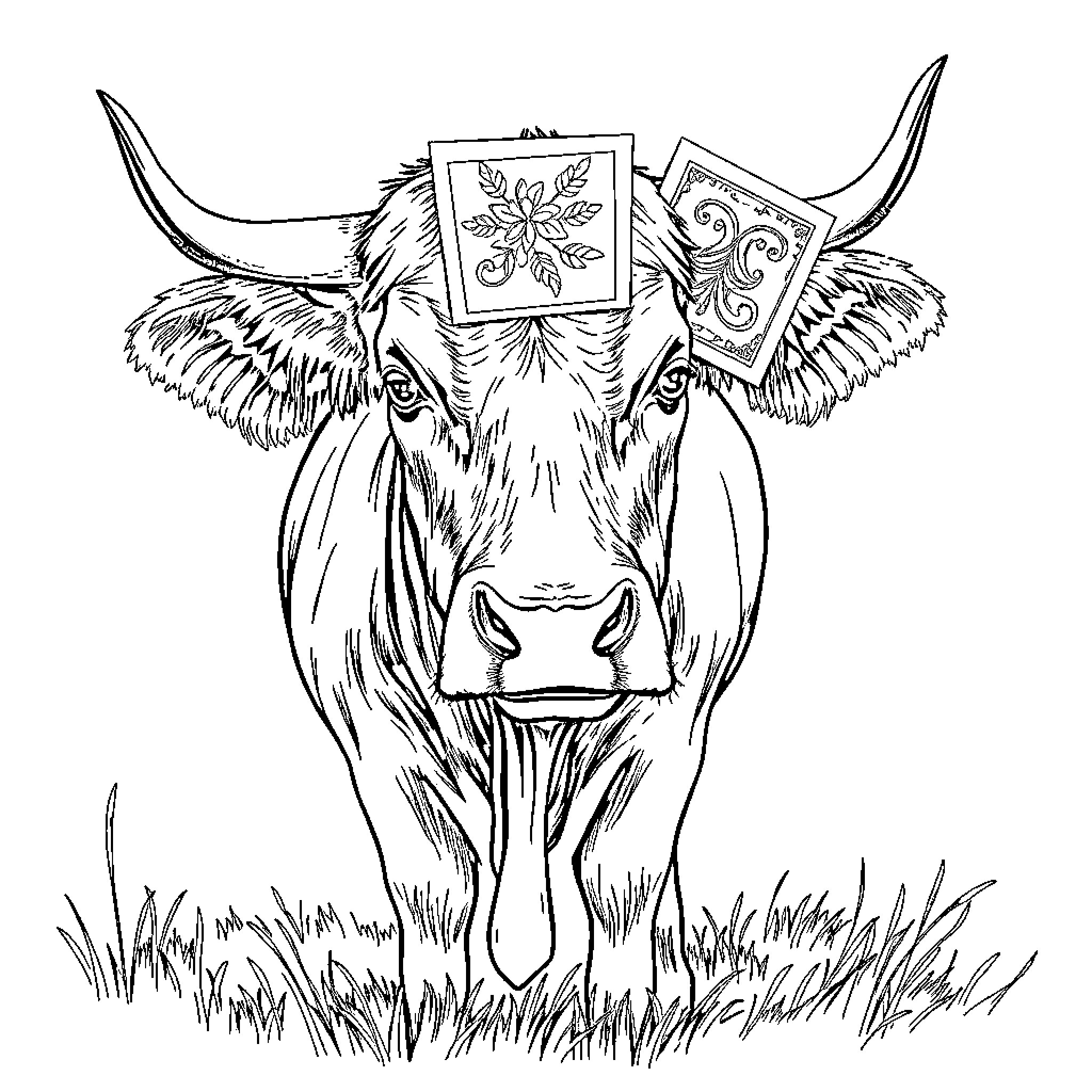 Vaca with ornate horns and decorative frames Coloring Page (free black-and-white line drawing printable PDF for all, from beginners to advanced learners, including children, teens, adults, and seniors)