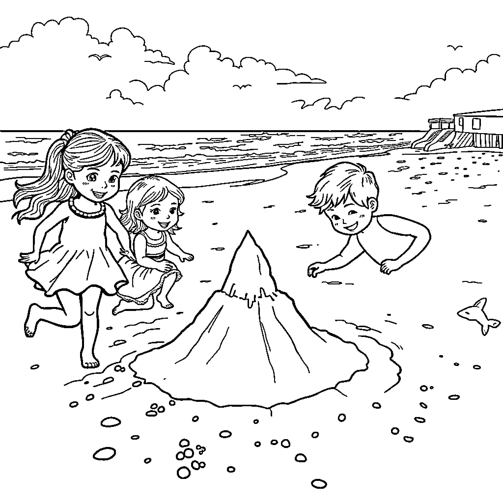 Child playing happily on the beach Coloring Page (free black-and-white line drawing printable PDF for all, from beginners to advanced learners, including children, teens, adults, and seniors)
