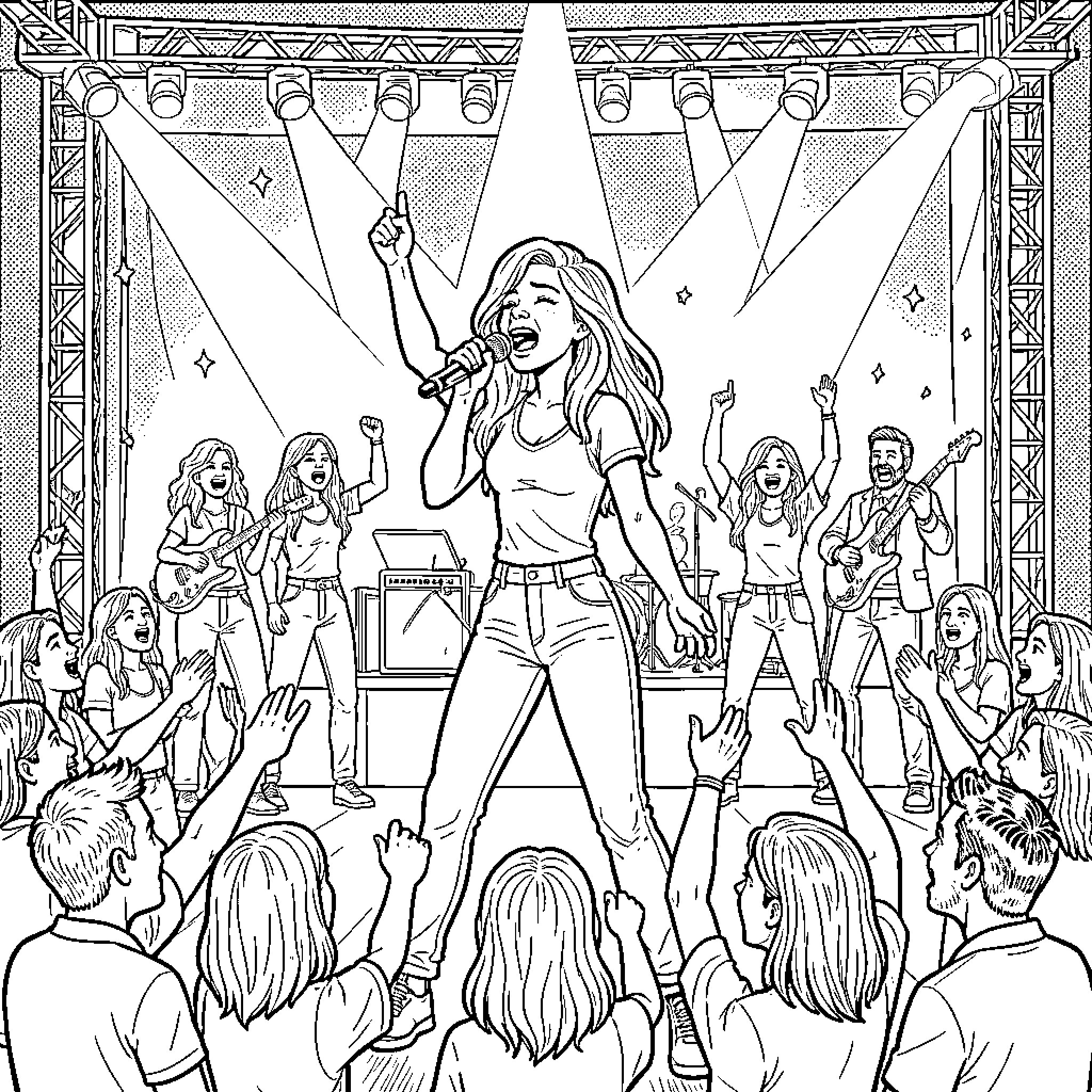 Lara Raj's Energetic Music Performance on Stage Coloring Page (free black-and-white line drawing printable PDF for all, from beginners to advanced learners, including children, teens, adults, and seniors)