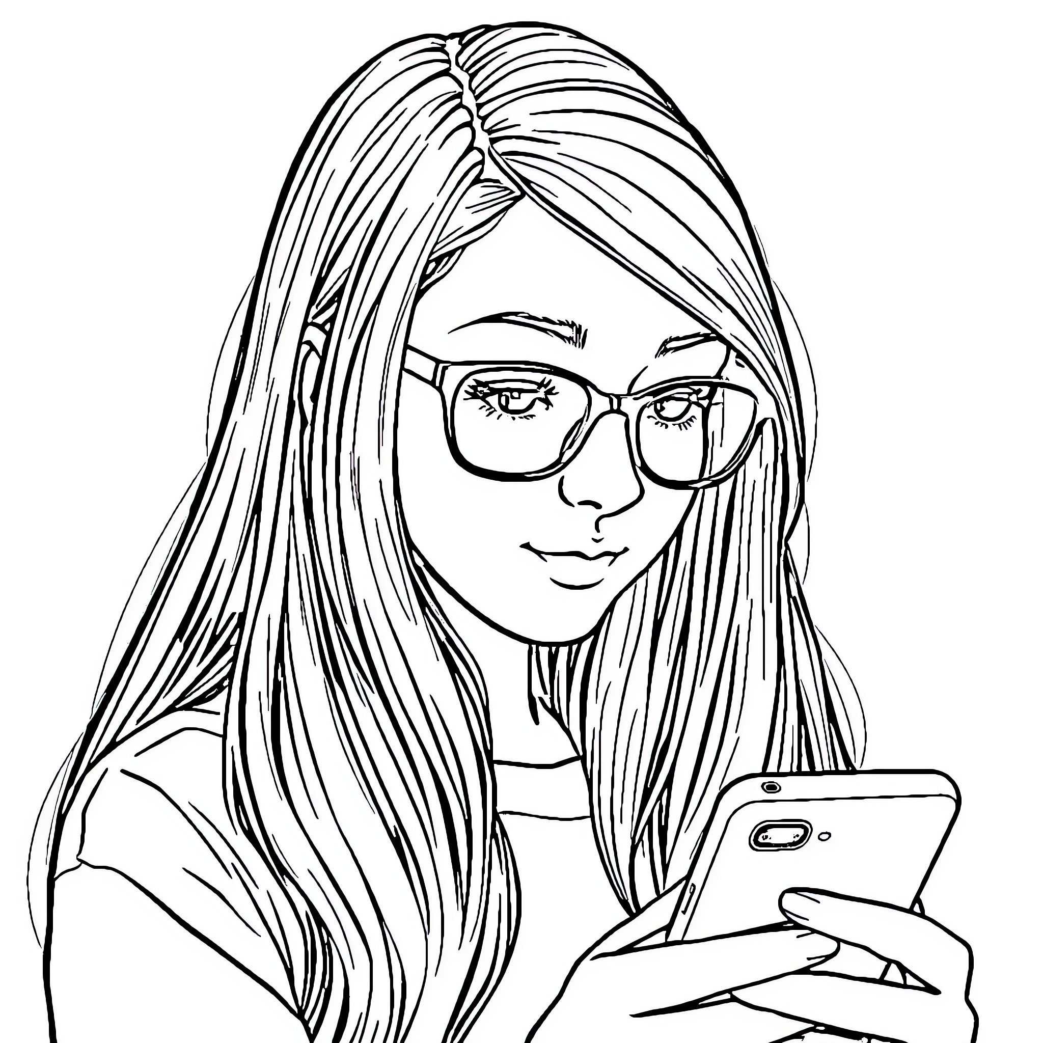 Girl examining her smartphone intently Coloring Page (free black-and-white line drawing printable PDF for all, from beginners to advanced learners, including children, teens, adults, and seniors)