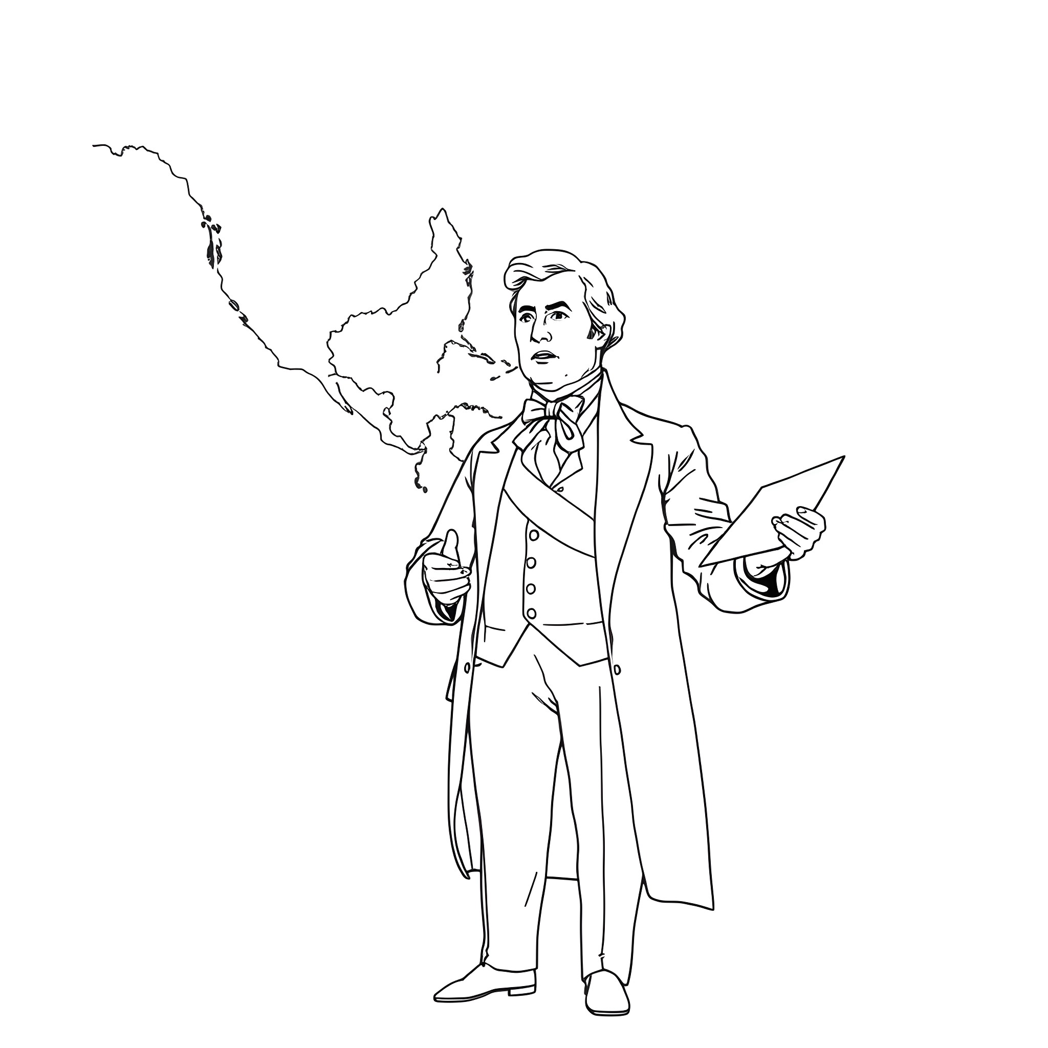 Monroe Doctrine: Statesman's Vision Visualized Coloring Page (free black-and-white line drawing printable PDF for all, from beginners to advanced learners, including children, teens, adults, and seniors)