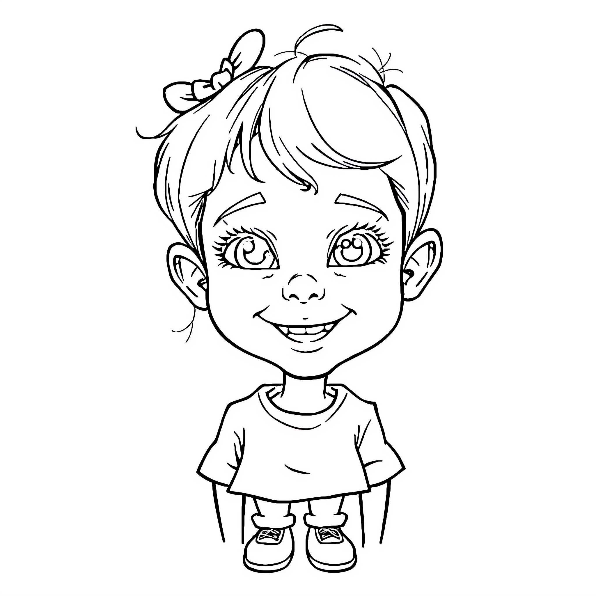Cartoon smiling child with bow Coloring Page (free black-and-white line drawing printable PDF for all, from beginners to advanced learners, including children, teens, adults, and seniors)