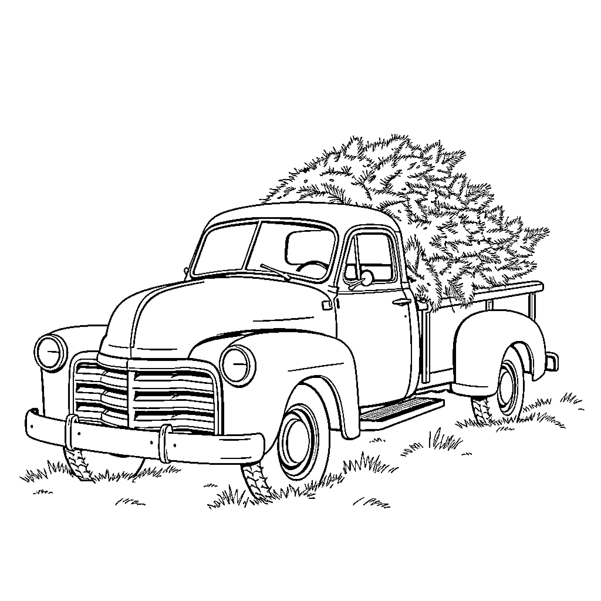 Pickup Truck Carrying Christmas Tree in the Woods Coloring Page (free black-and-white line drawing printable PDF for all, from beginners to advanced learners, including children, teens, adults, and seniors)