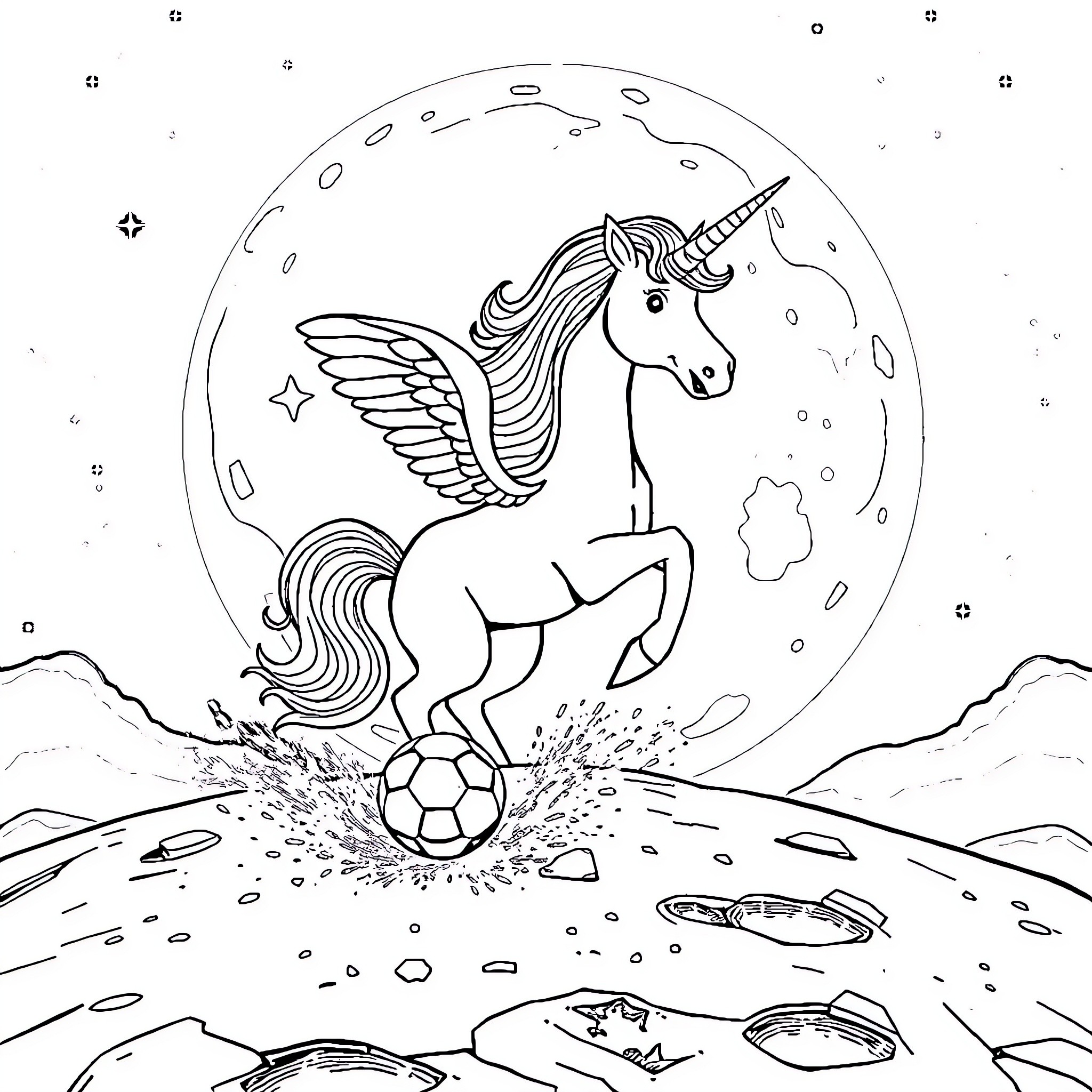 Unicorn playing with soccer ball in the moonlight Coloring Page (free black-and-white line drawing printable PDF for all, from beginners to advanced learners, including children, teens, adults, and seniors)