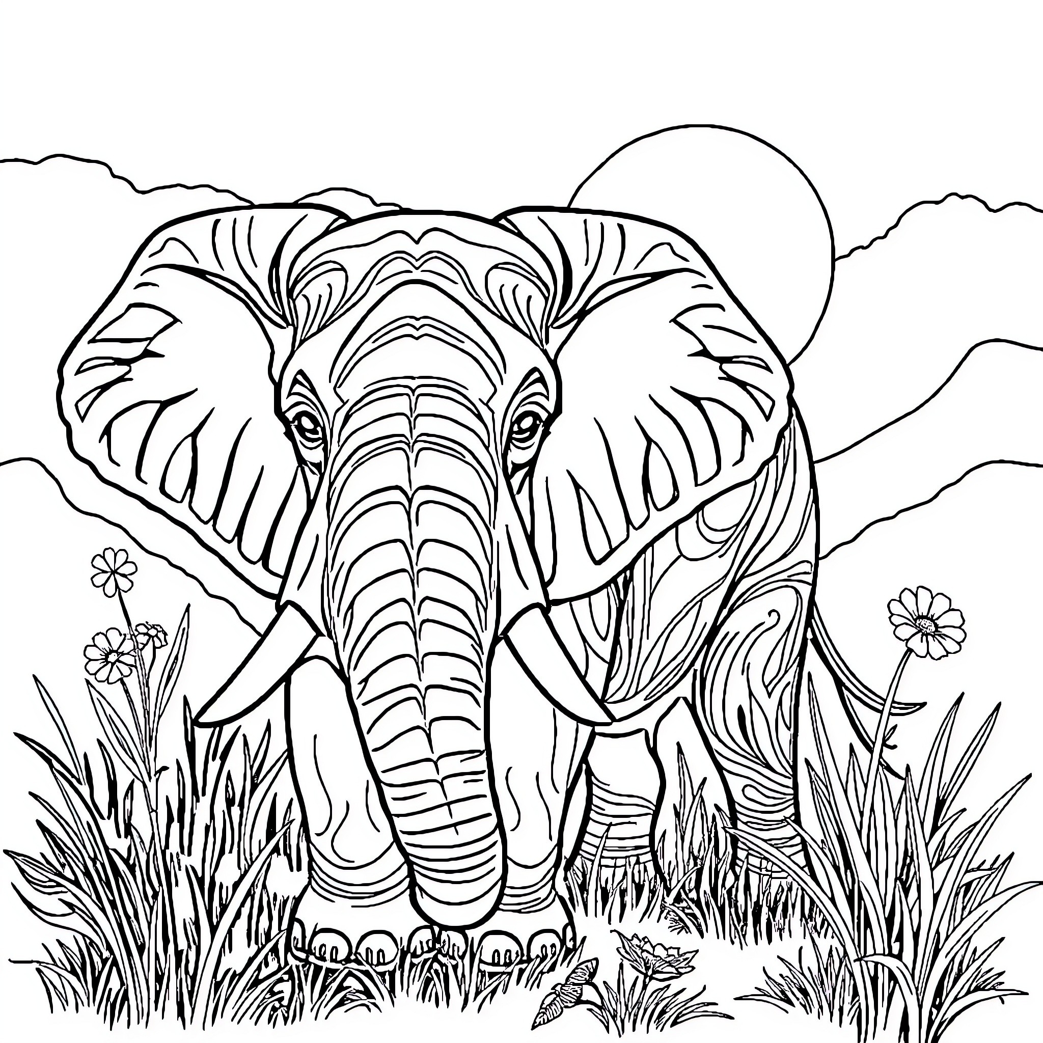 Elephant Walking Through Scenic Landscape Coloring Page (free black-and-white line drawing printable PDF for all, from beginners to advanced learners, including children, teens, adults, and seniors)