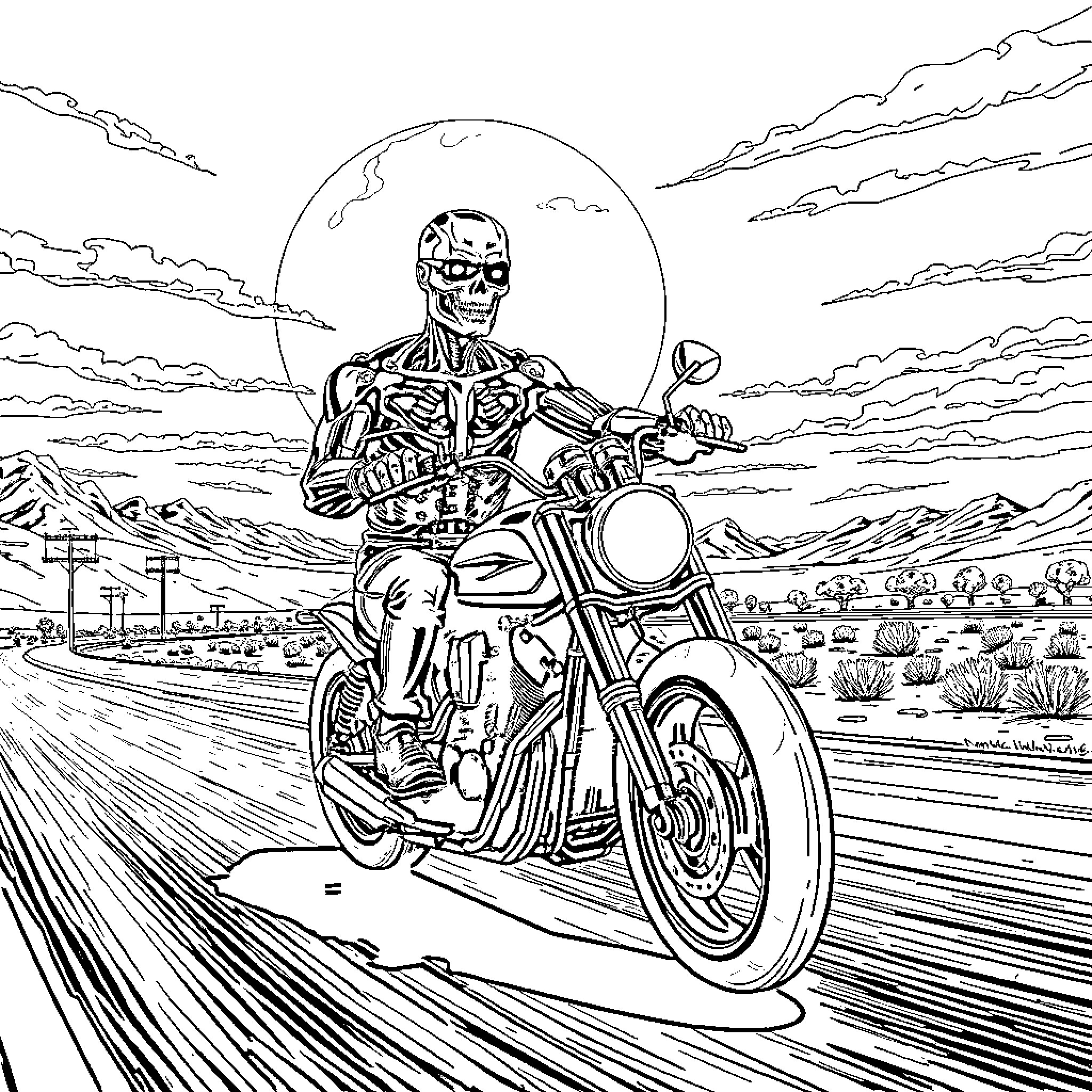 Terminator Riding Motorcycle Through Apocalyptic Landscape Coloring Page (free black-and-white line drawing printable PDF for all, from beginners to advanced learners, including children, teens, adults, and seniors)
