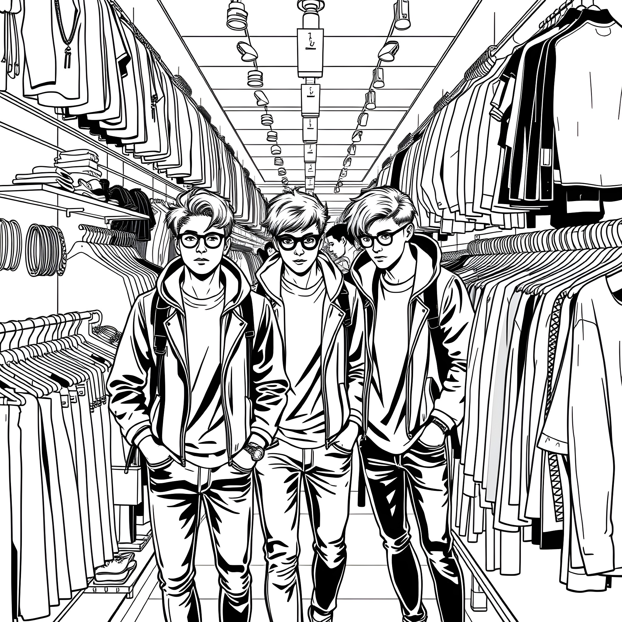 Teen Guys Shopping in Clothing Store Coloring Page (free black-and-white line drawing printable PDF for all, from beginners to advanced learners, including children, teens, adults, and seniors)