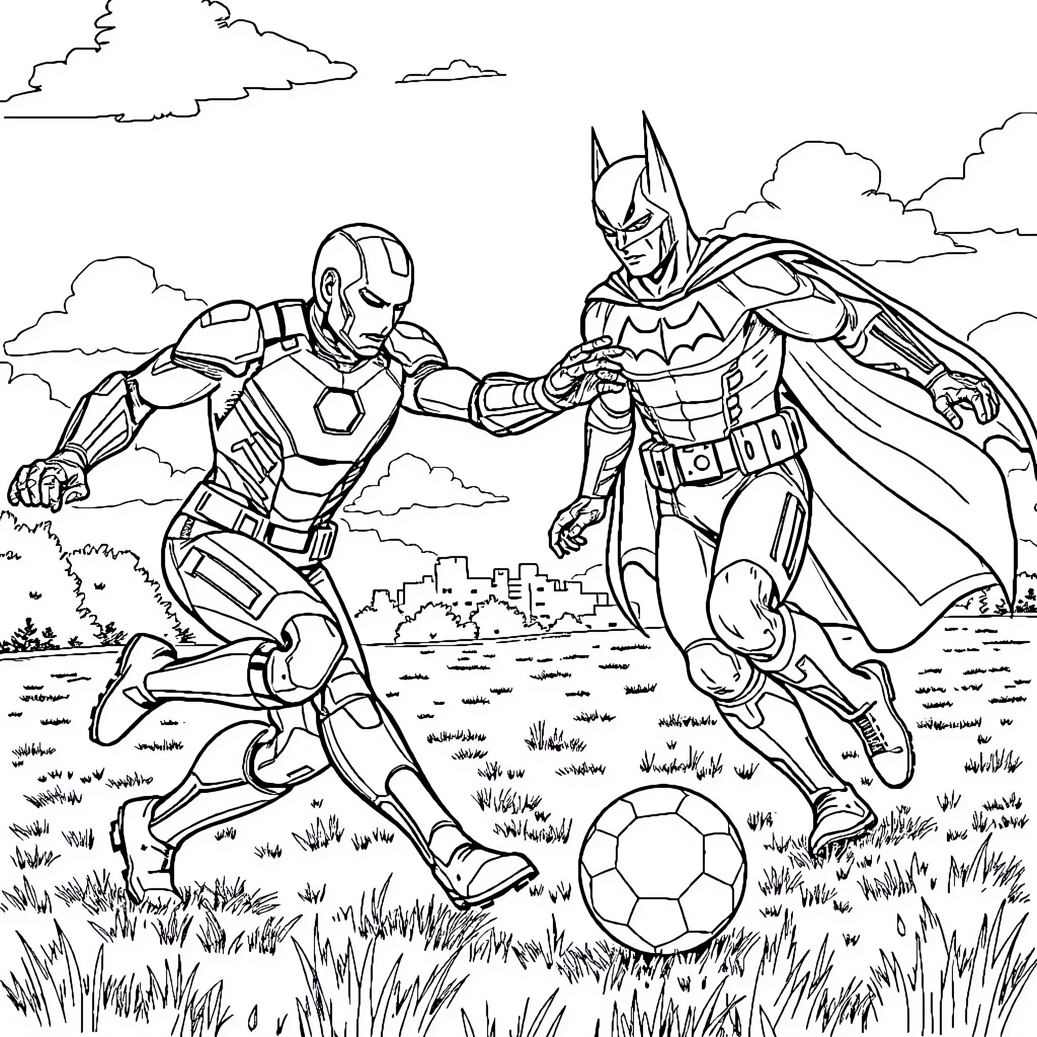 Ironman and Batman playing soccer in a field Coloring Page (free black-and-white line drawing printable PDF for all, from beginners to advanced learners, including children, teens, adults, and seniors)