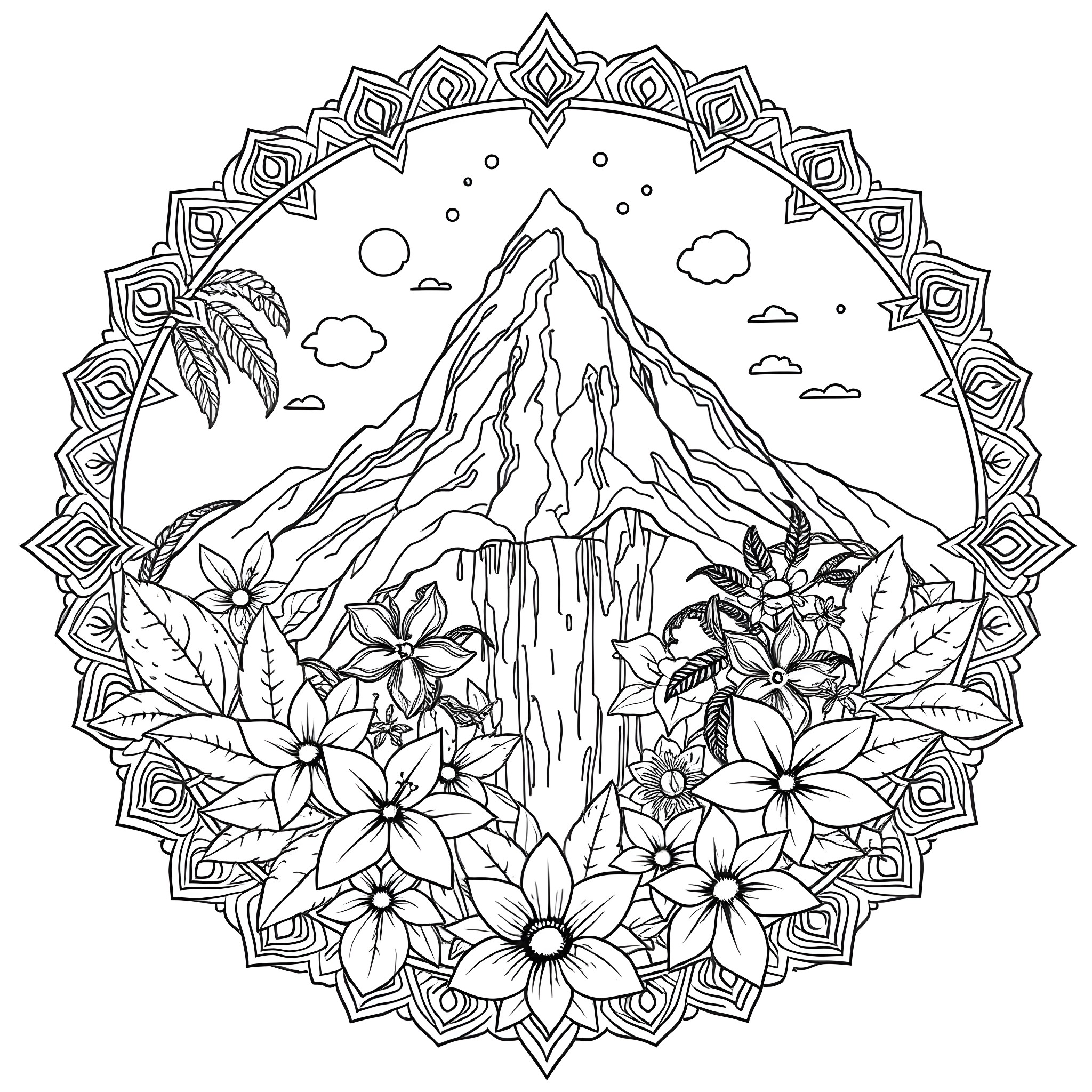 Mandala with Mountainous Landscape and Floral Elements Coloring Page (free black-and-white line drawing printable PDF for all, from beginners to advanced learners, including children, teens, adults, and seniors)