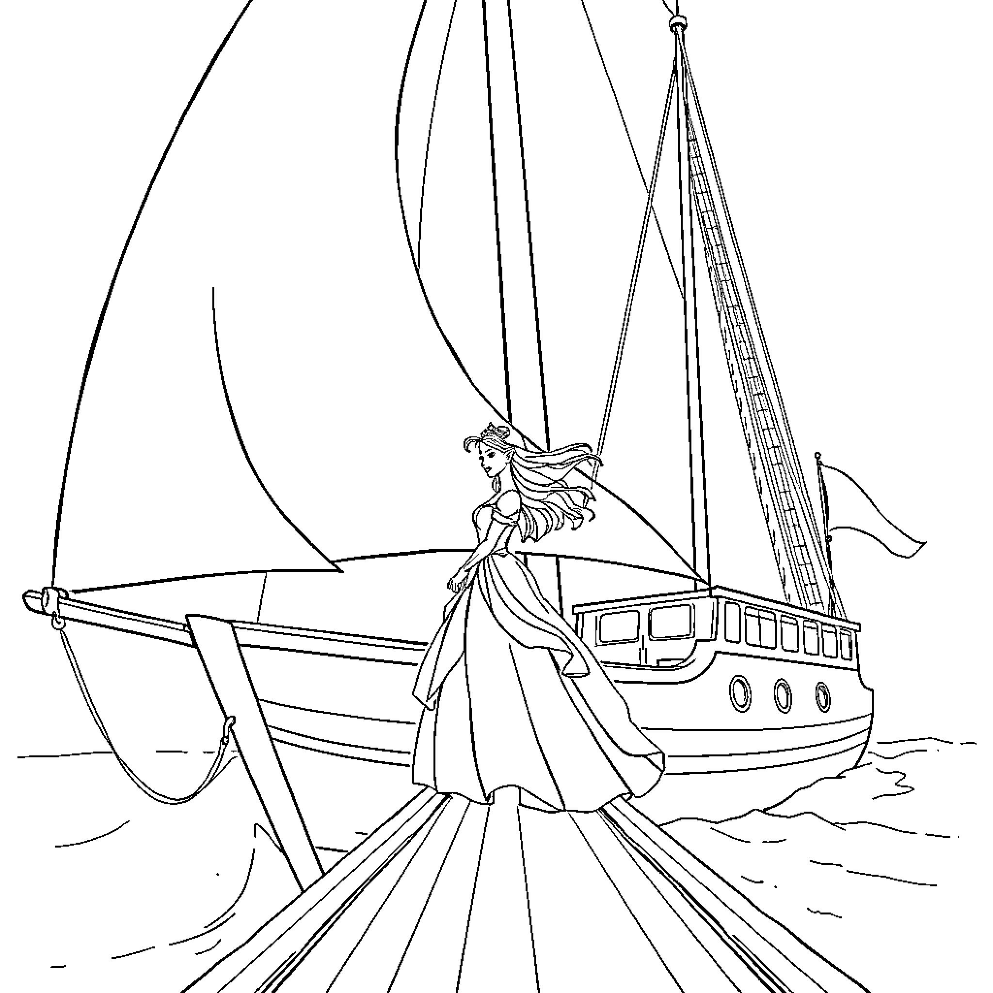 Princess aboard a grand sailing vessel Coloring Page (free black-and-white line drawing printable PDF for all, from beginners to advanced learners, including children, teens, adults, and seniors)