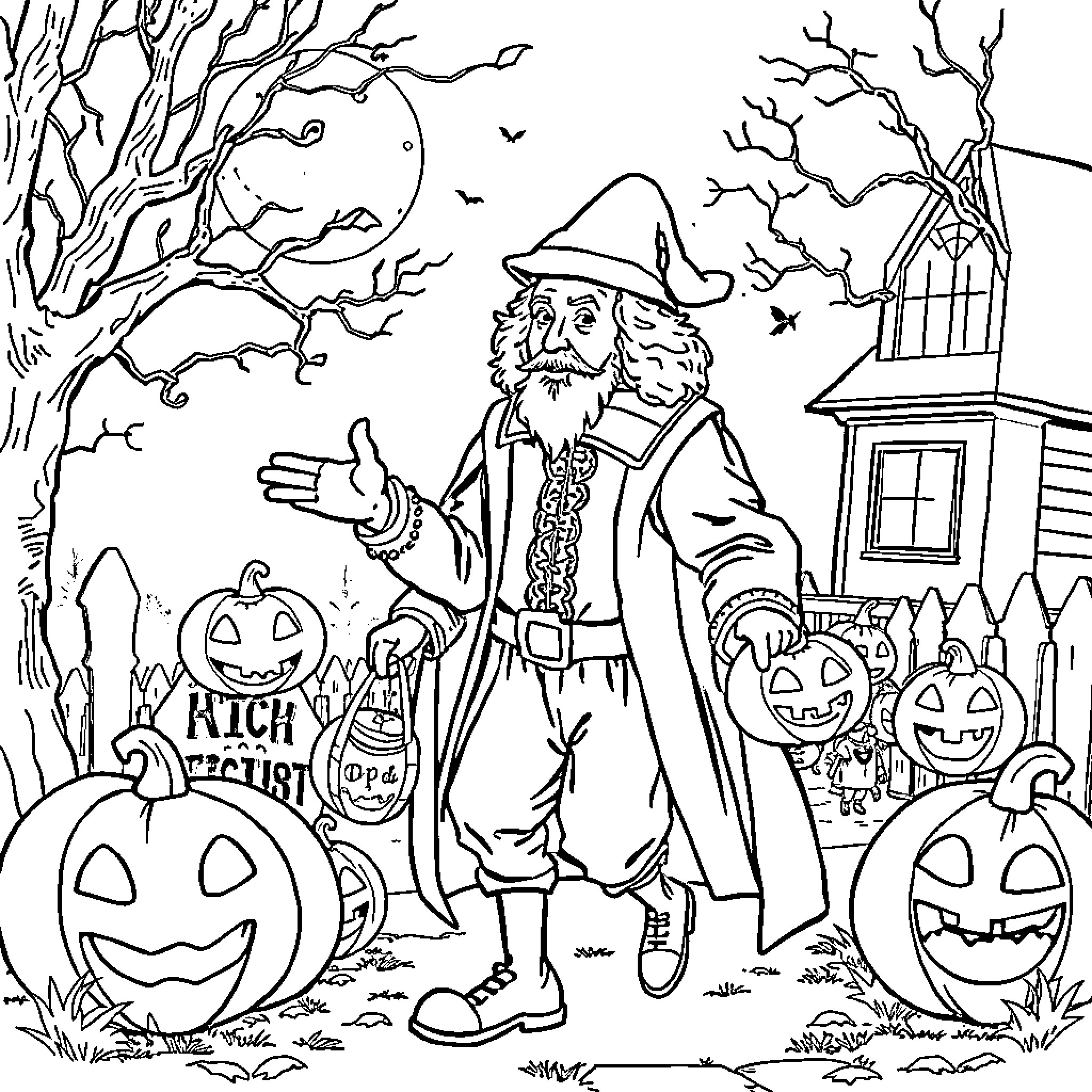 William Shakespeare's Halloween Celebration with Pumpkins and Ghosts Coloring Page (free black-and-white line drawing printable PDF for all, from beginners to advanced learners, including children, teens, adults, and seniors)