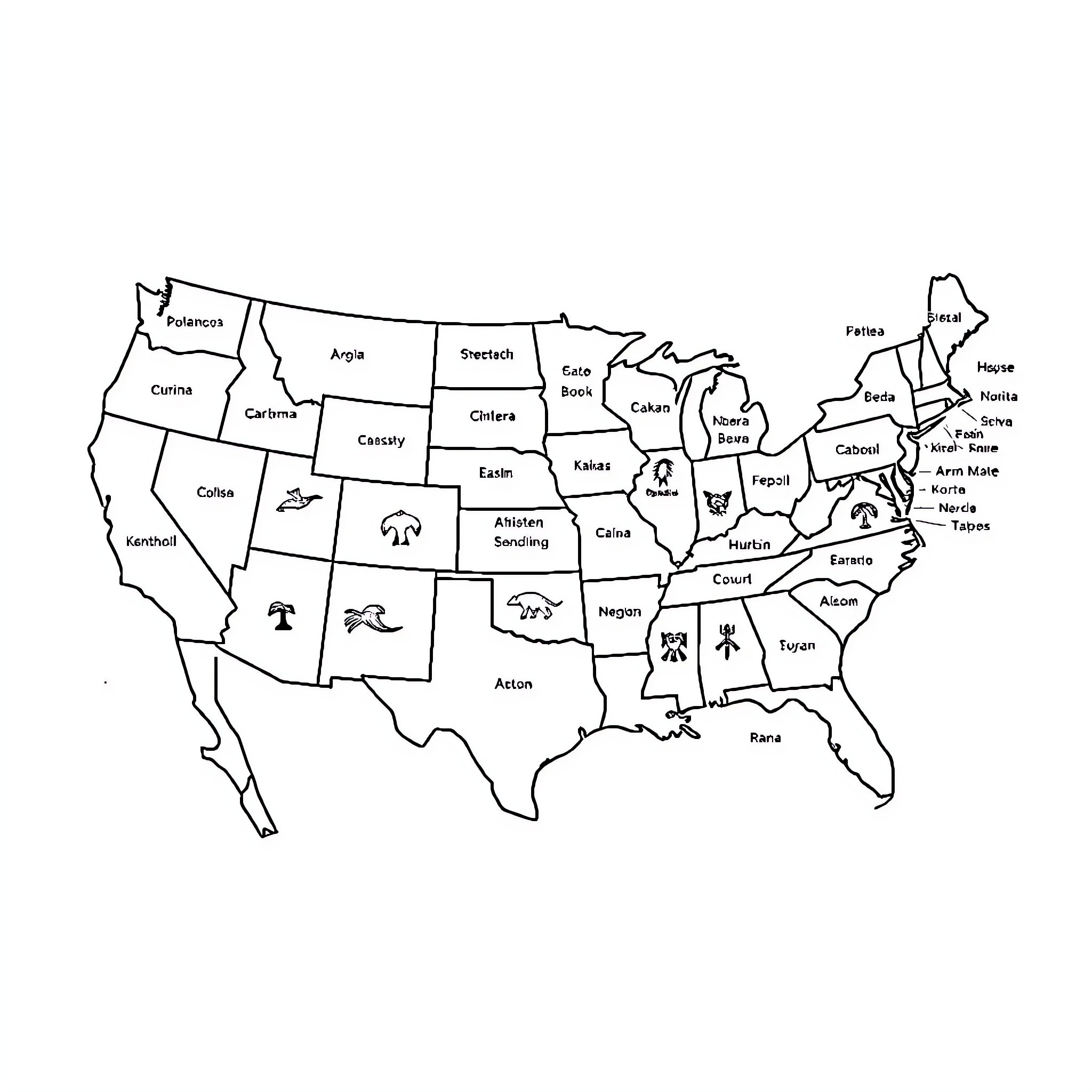 Tribe Exploring the United States Map Coloring Page (free black-and-white line drawing printable PDF for all, from beginners to advanced learners, including children, teens, adults, and seniors)