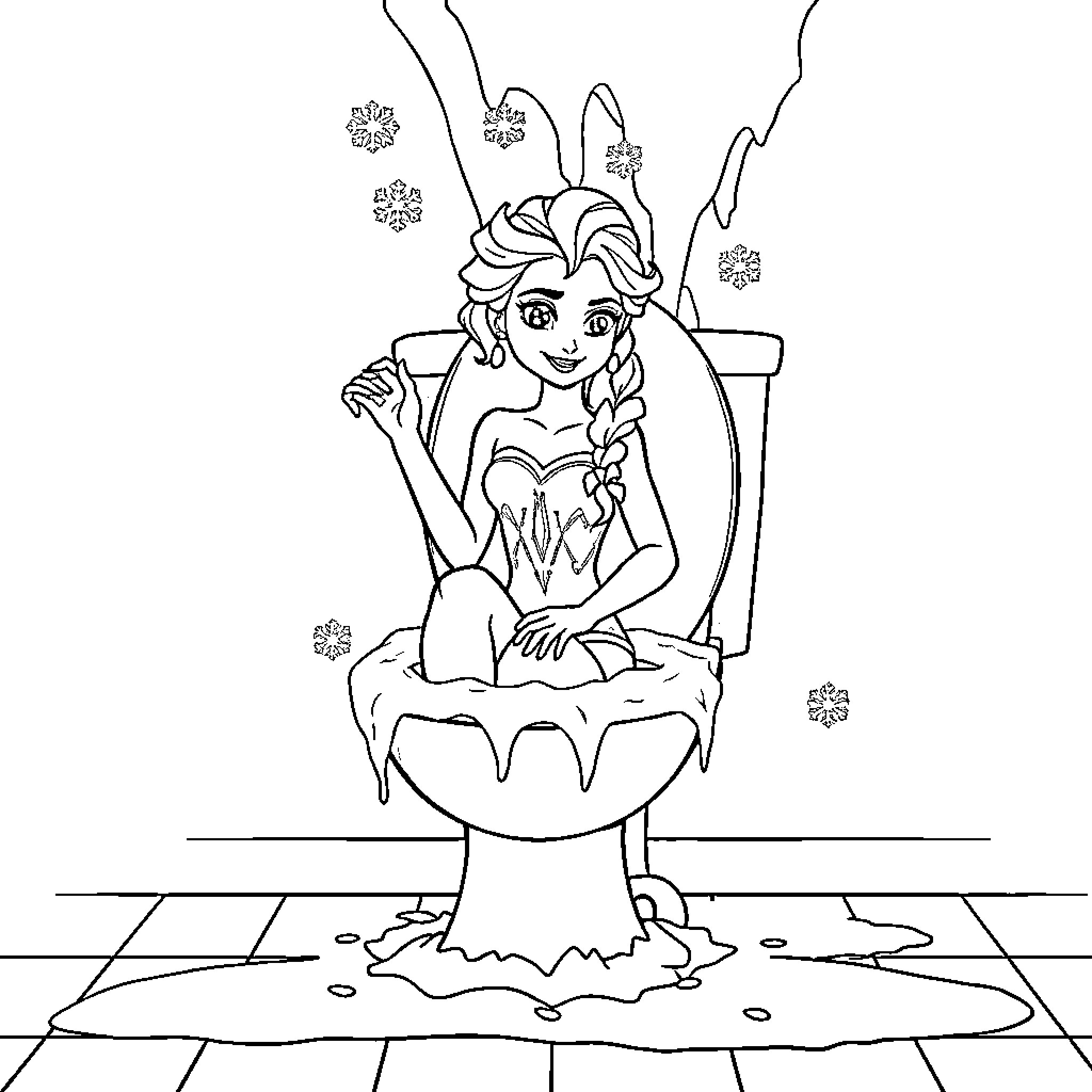 Elsa relaxing in an icy chair with snowflake decorations Coloring Page (free black-and-white line drawing printable PDF for all, from beginners to advanced learners, including children, teens, adults, and seniors)