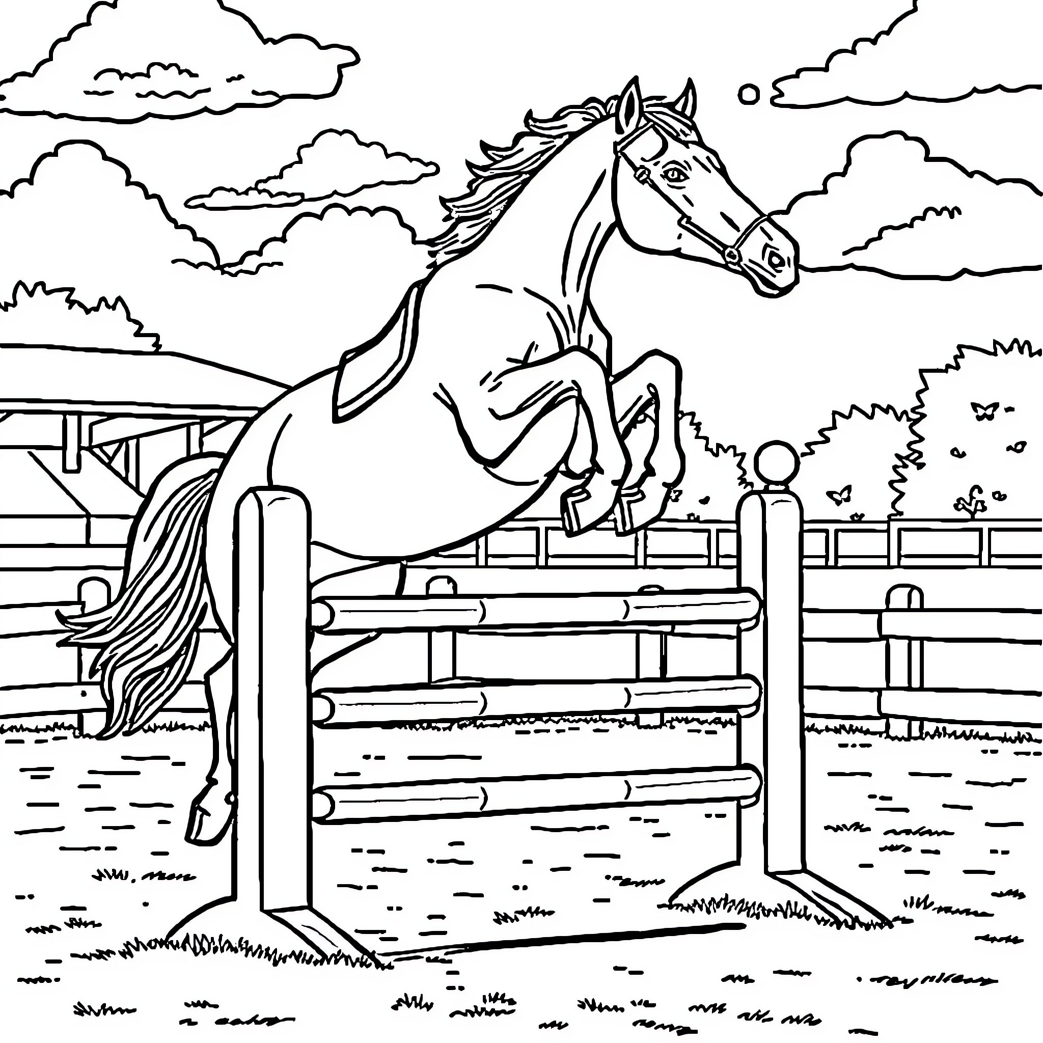 Horse jumping over obstacles in the countryside Coloring Page (free black-and-white line drawing printable PDF for all, from beginners to advanced learners, including children, teens, adults, and seniors)
