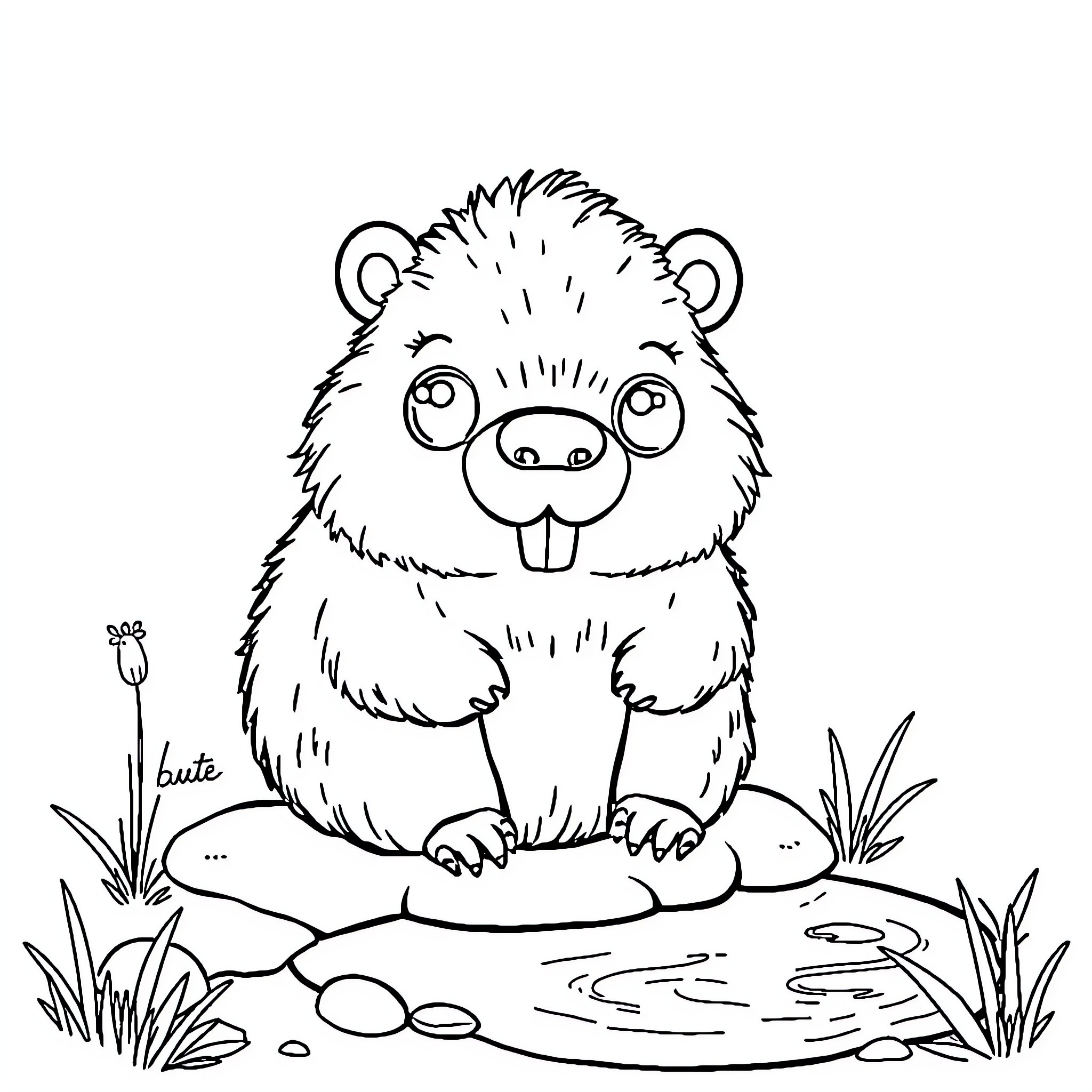 Capybara sitting on a rock in a pond Coloring Page (free black-and-white line drawing printable PDF for all, from beginners to advanced learners, including children, teens, adults, and seniors)