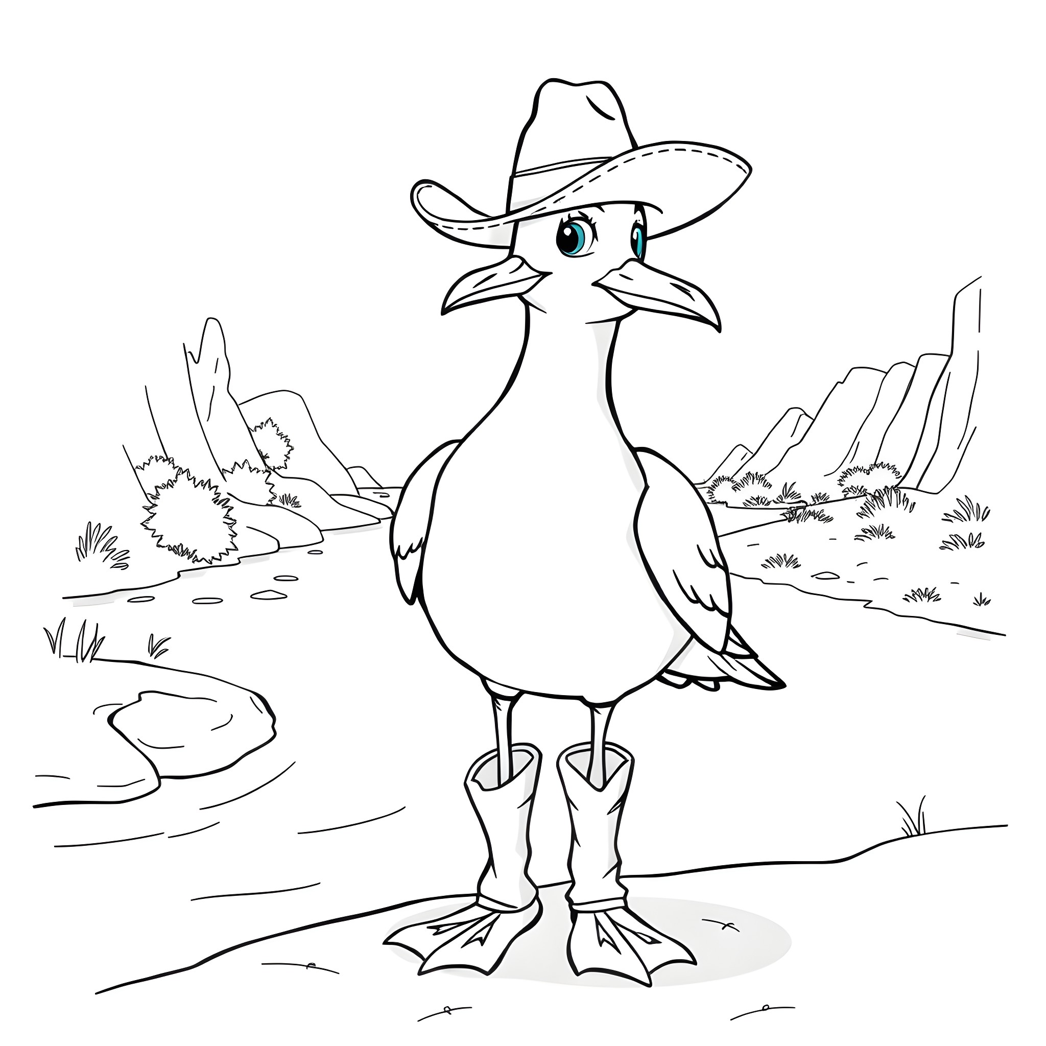 Seagull exploring the wild west landscape Coloring Page (free black-and-white line drawing printable PDF for all, from beginners to advanced learners, including children, teens, adults, and seniors)