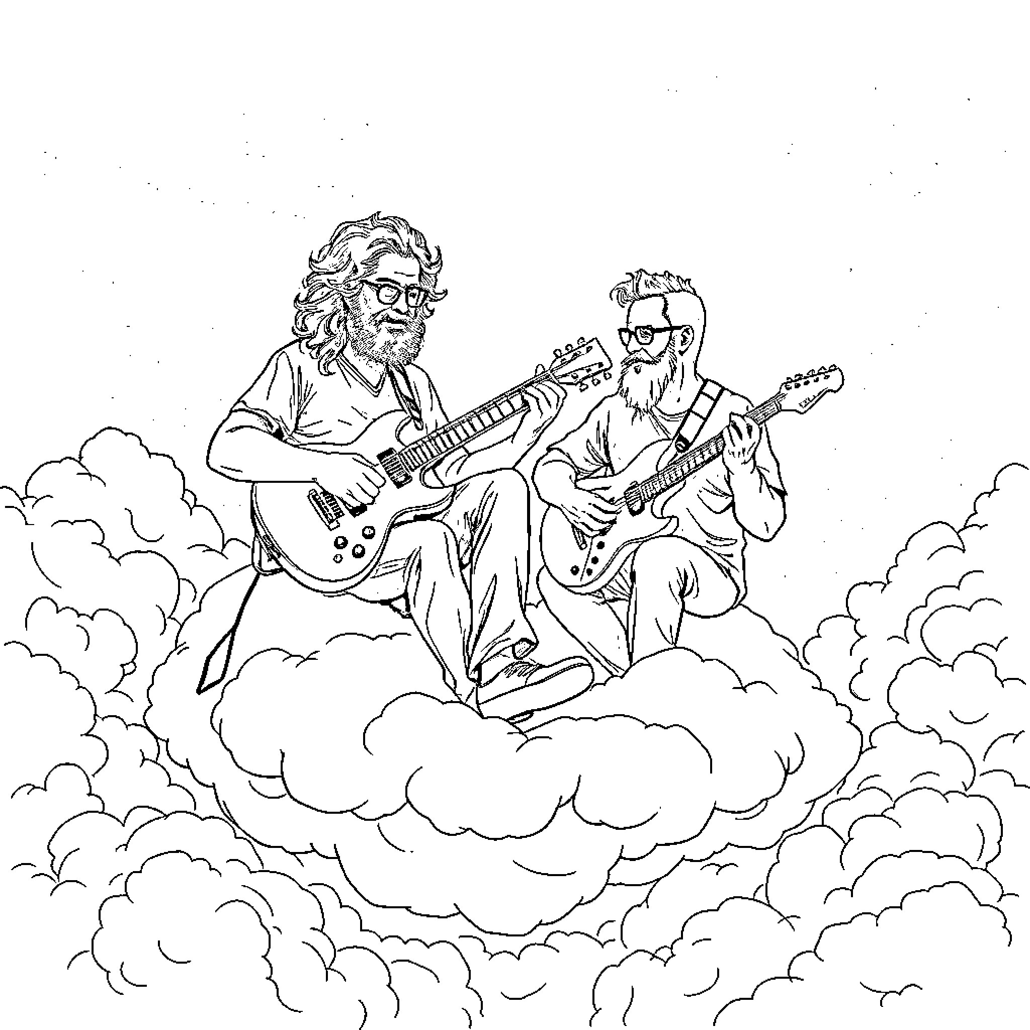 Jerry Garcia and Companion Jam on Guitars in the Clouds Coloring Page (free black-and-white line drawing printable PDF for all, from beginners to advanced learners, including children, teens, adults, and seniors)