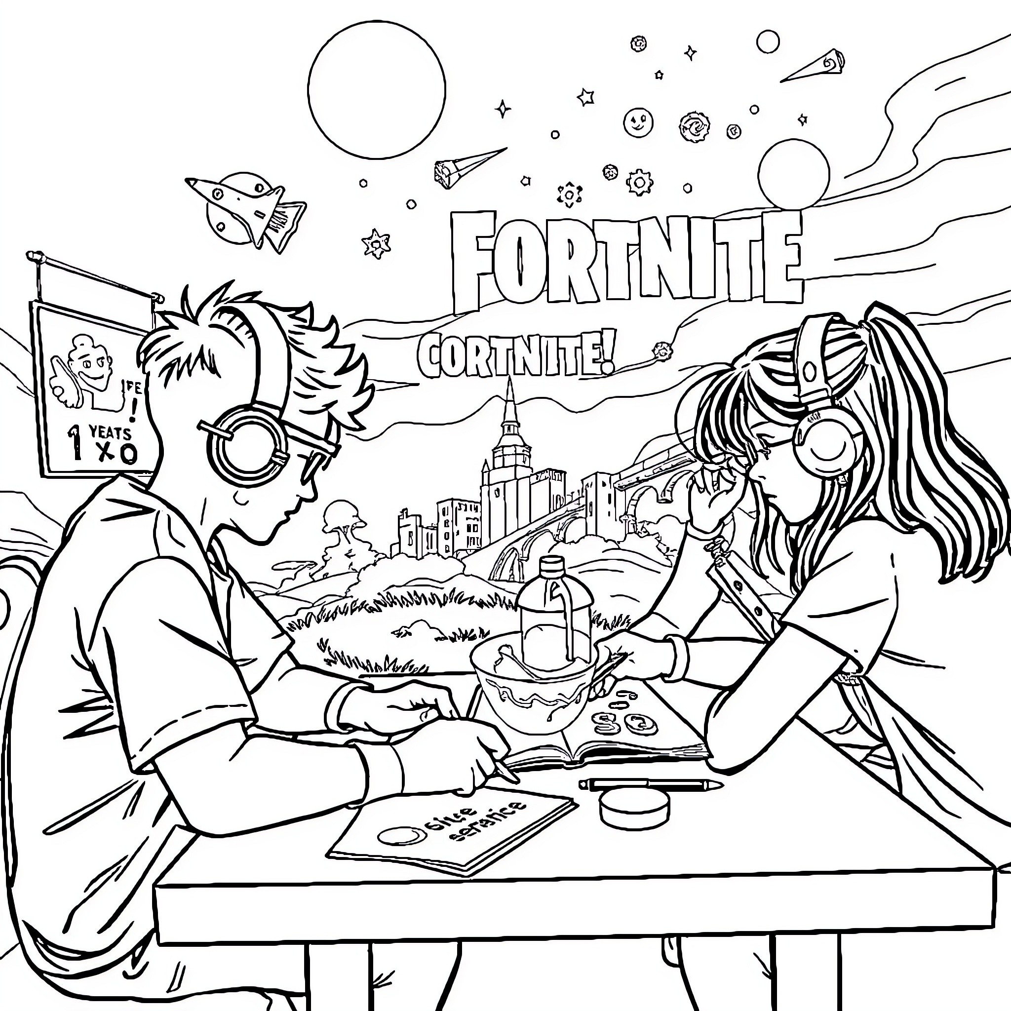 Fortnite characters playing and exploring together Coloring Page (free black-and-white line drawing printable PDF for all, from beginners to advanced learners, including children, teens, adults, and seniors)