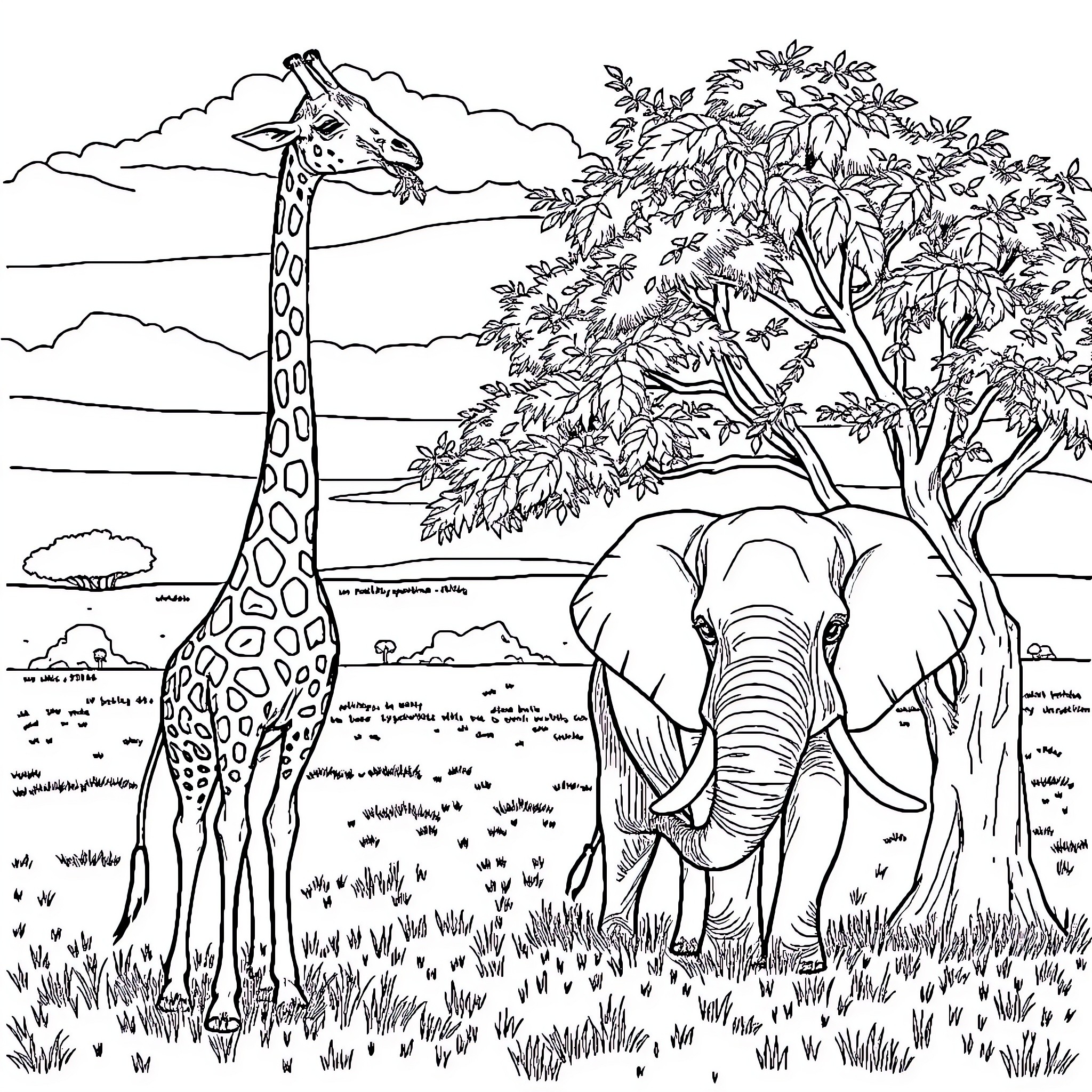 Giraffe and Elephant in African Savanna Coloring Page (free black-and-white line drawing printable PDF for all, from beginners to advanced learners, including children, teens, adults, and seniors)