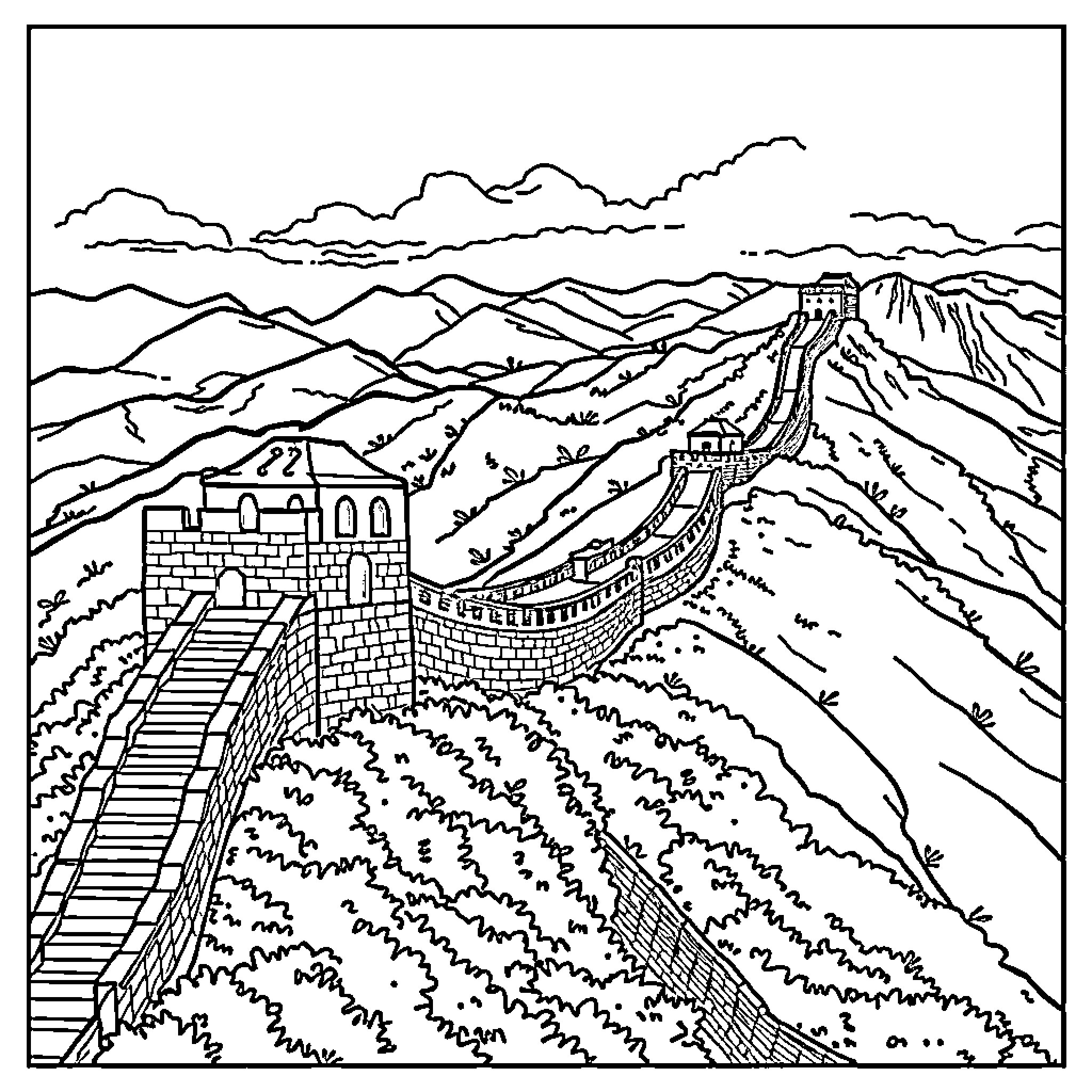 Great Wall winding through majestic mountain landscape Coloring Page (free black-and-white line drawing printable PDF for all, from beginners to advanced learners, including children, teens, adults, and seniors)