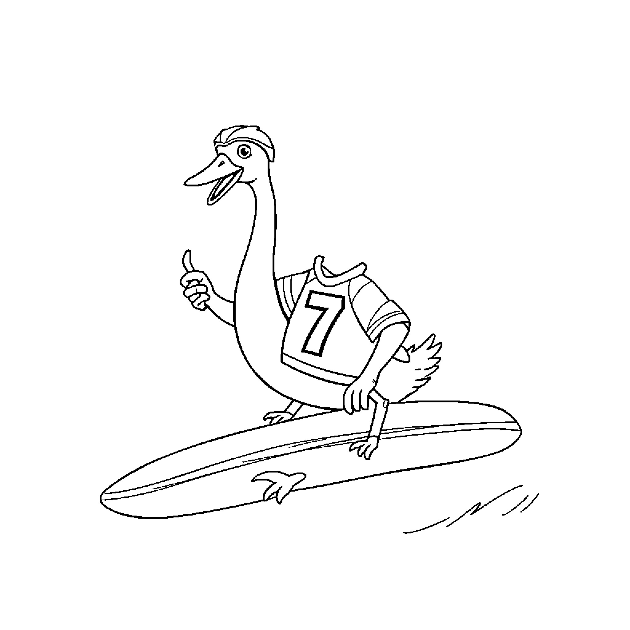 Goose surfing with a jersey Coloring Page (free black-and-white line drawing printable PDF for all, from beginners to advanced learners, including children, teens, adults, and seniors)