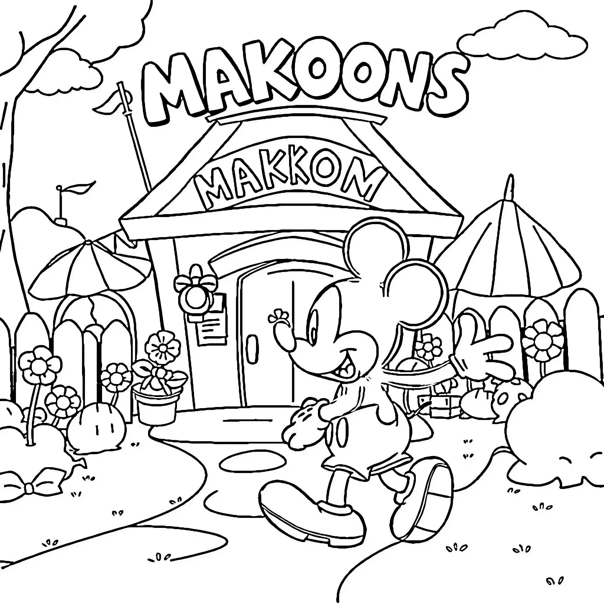 Mickey Mouse exploring the Makoons market and stores Coloring Page (free black-and-white line drawing printable PDF for all, from beginners to advanced learners, including children, teens, adults, and seniors)