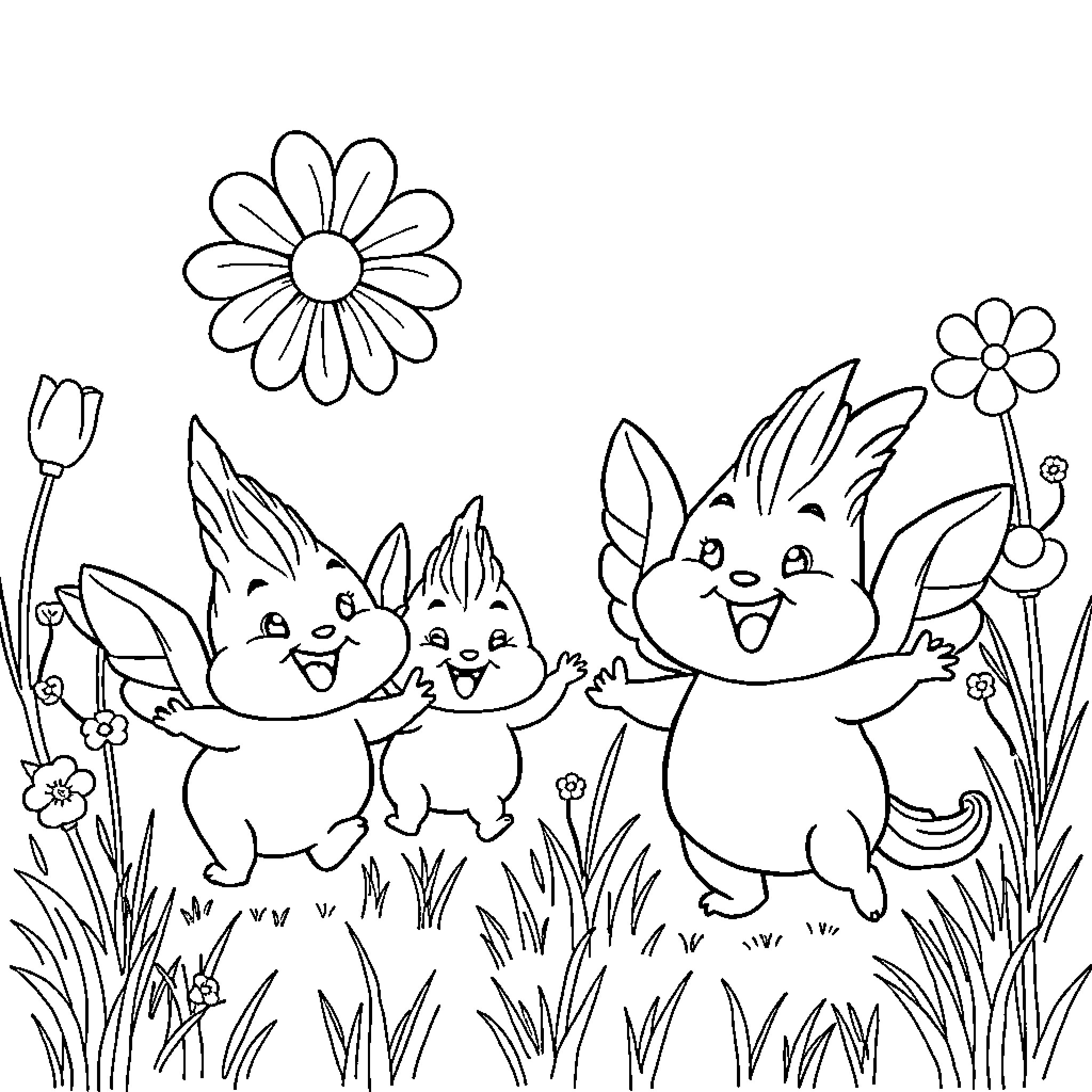 Sprunkie animal friends playing in nature Coloring Page (free black-and-white line drawing printable PDF for all, from beginners to advanced learners, including children, teens, adults, and seniors)