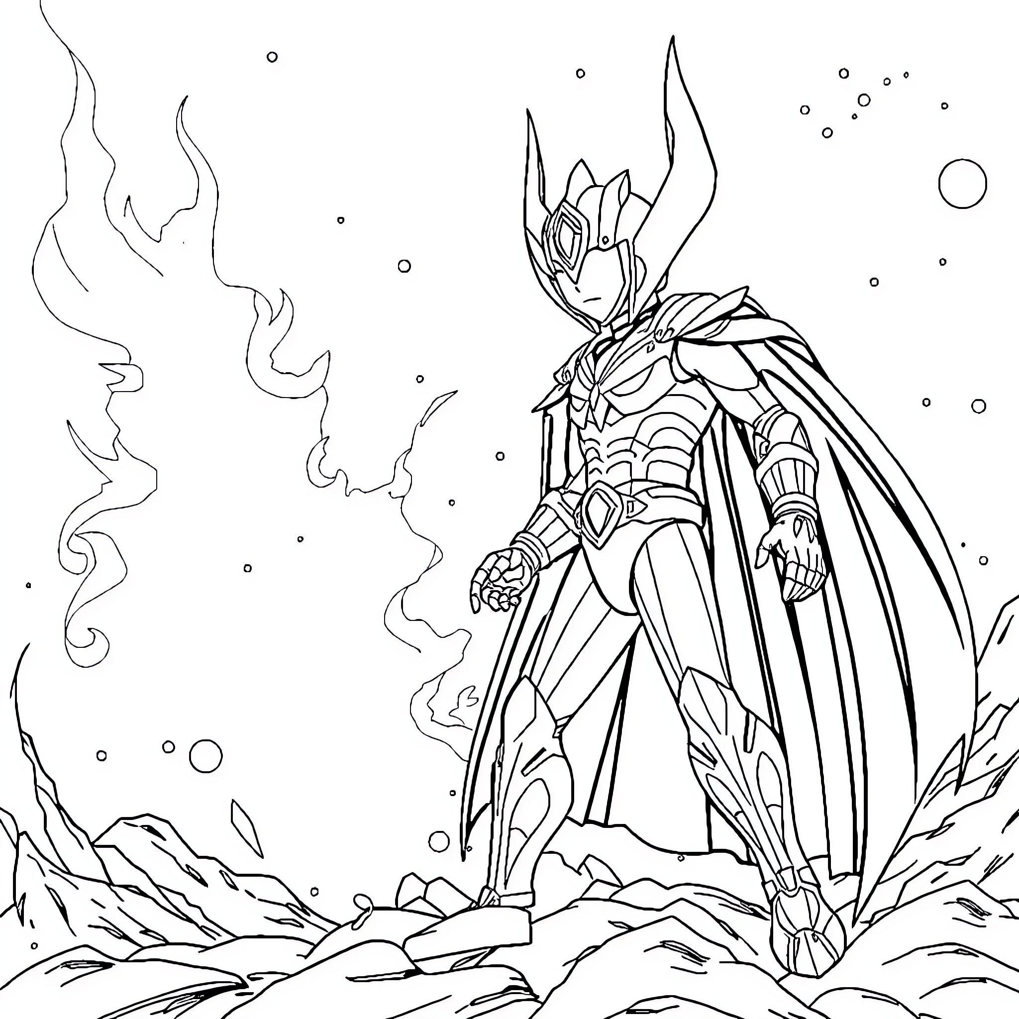 Ultraman rising to the challenge in a cosmic battlefield Coloring Page (free black-and-white line drawing printable PDF for all, from beginners to advanced learners, including children, teens, adults, and seniors)