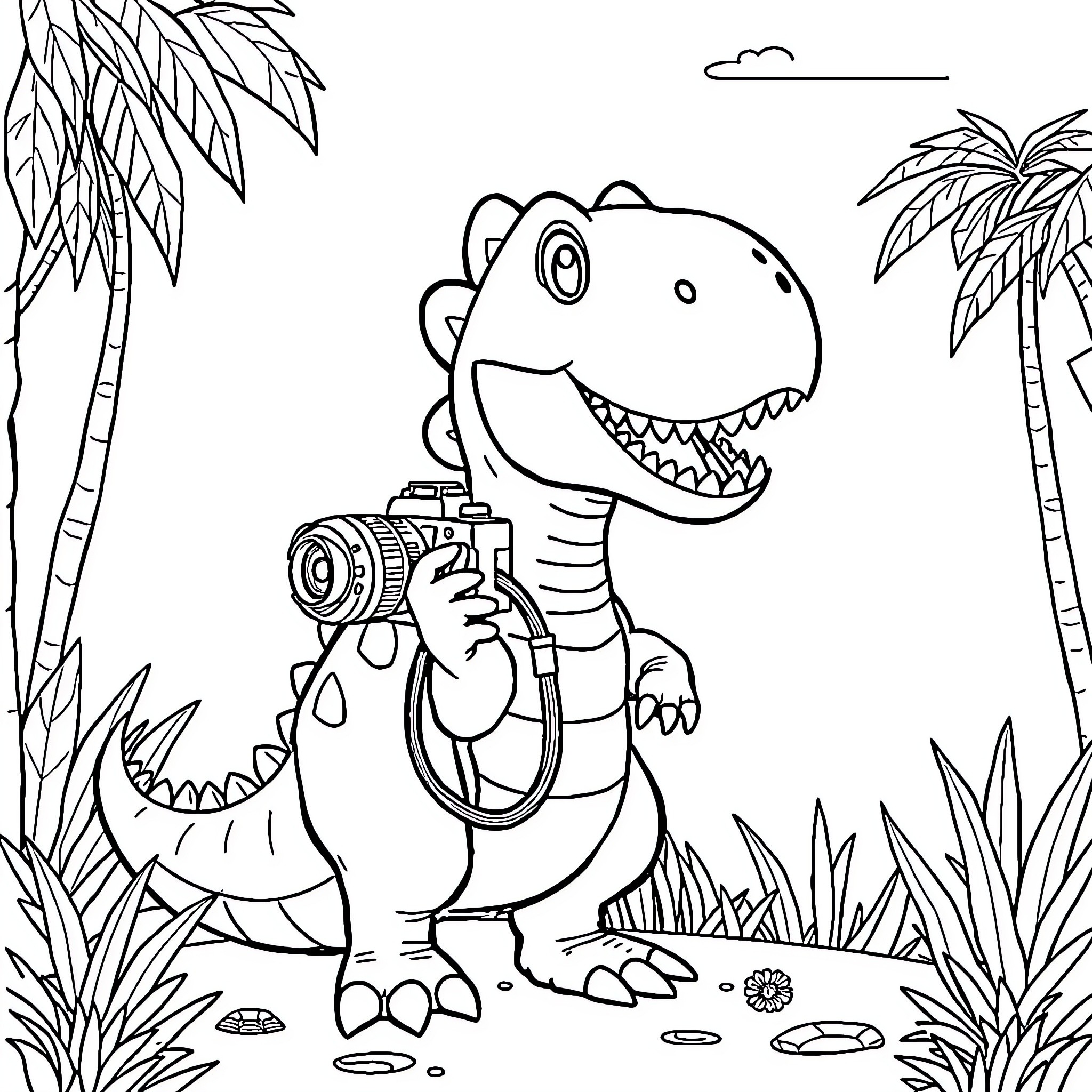 Dinosaur taking pictures in the jungle Coloring Page (free black-and-white line drawing printable PDF for all, from beginners to advanced learners, including children, teens, adults, and seniors)