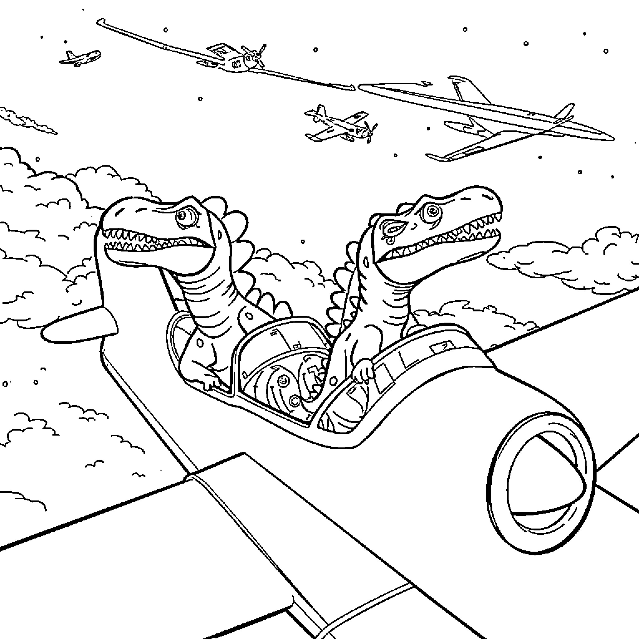 Dinosaurs riding aircraft in the sky Coloring Page (free black-and-white line drawing printable PDF for all, from beginners to advanced learners, including children, teens, adults, and seniors)