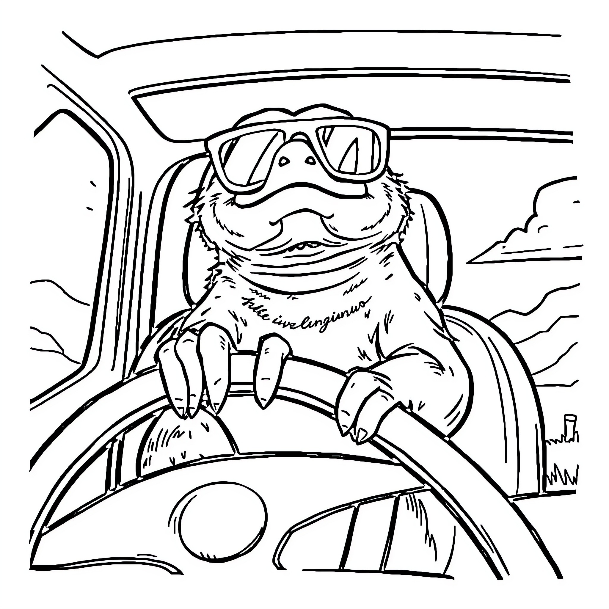 Bus driver frog in goggles behind the wheel Coloring Page (free black-and-white line drawing printable PDF for all, from beginners to advanced learners, including children, teens, adults, and seniors)