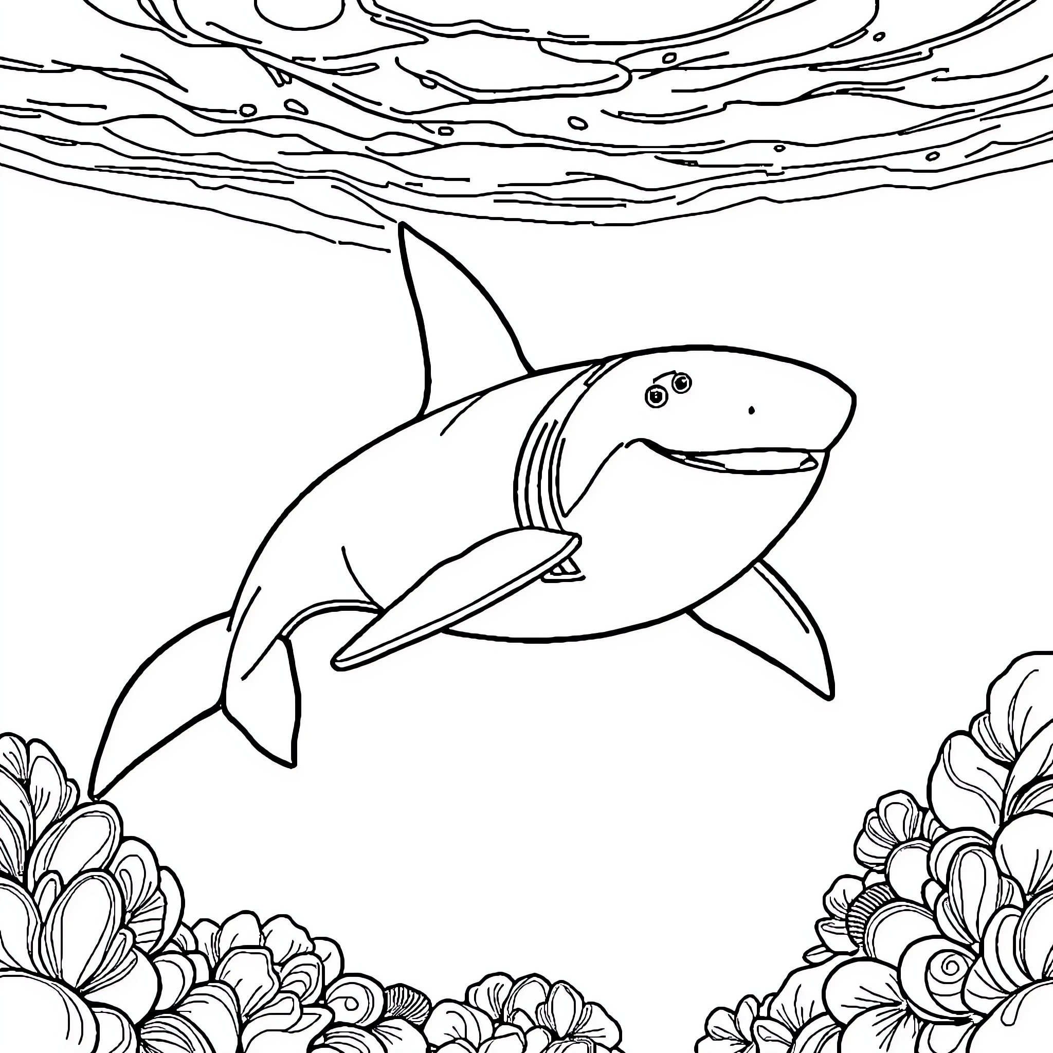 Unicorn Shark swimming gracefully through the underwater scene Coloring Page (free black-and-white line drawing printable PDF for all, from beginners to advanced learners, including children, teens, adults, and seniors)