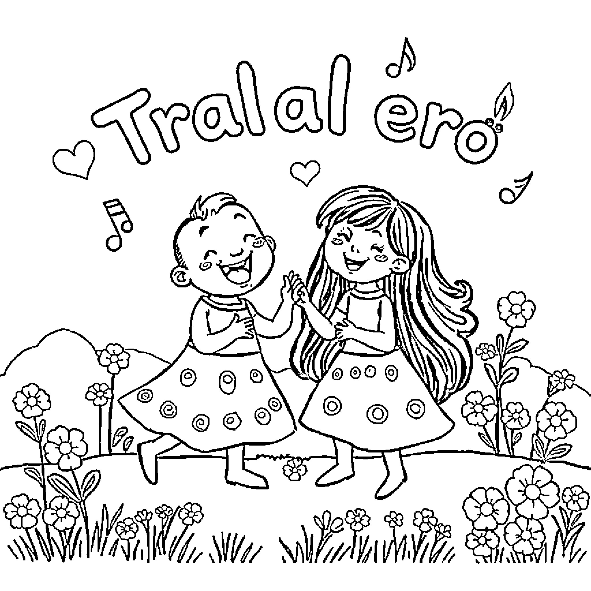 Tralalero Joyful Children Dancing in Flower Garden Coloring Page (free black-and-white line drawing printable PDF for all, from beginners to advanced learners, including children, teens, adults, and seniors)