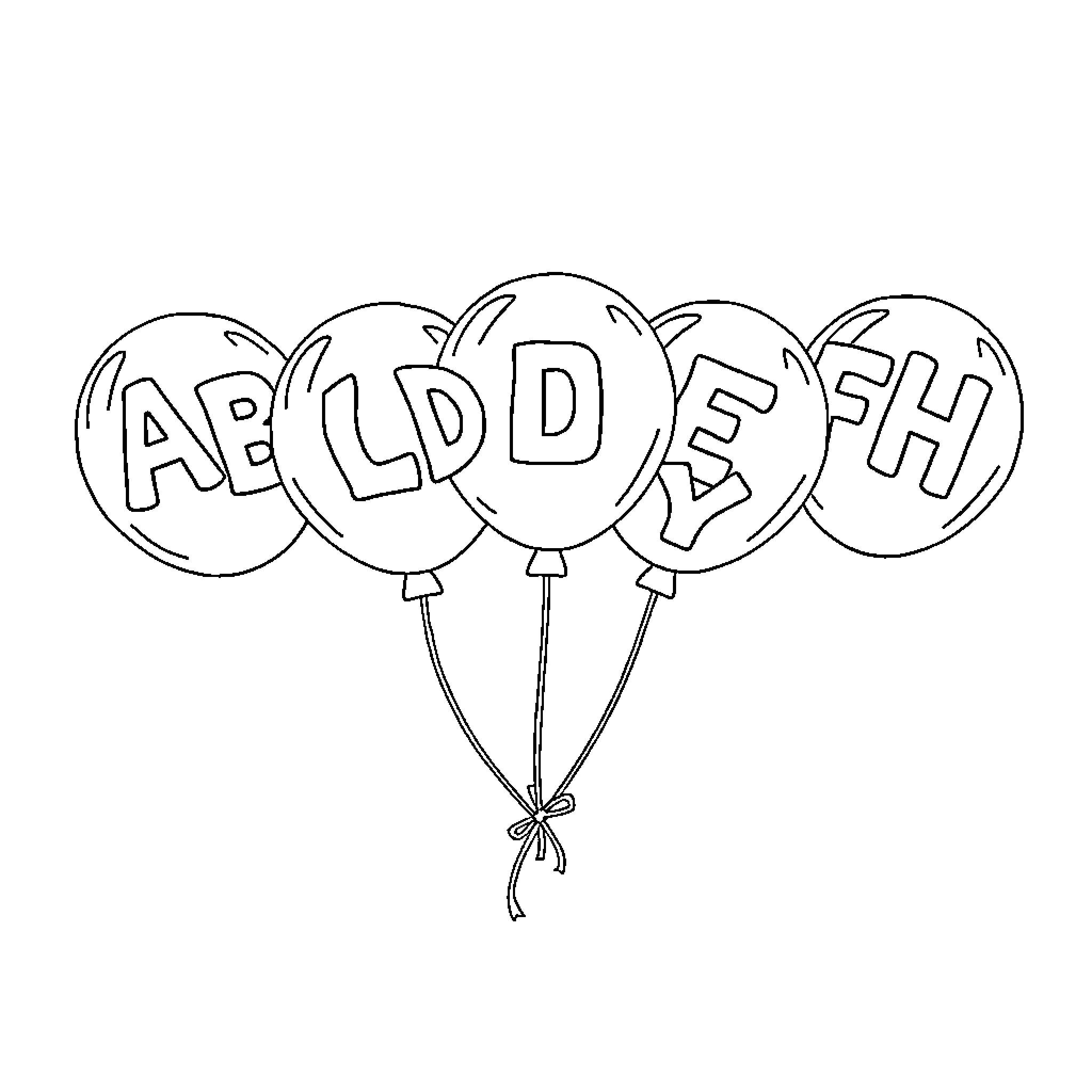 Balloon letters spelling out words Coloring Page (free black-and-white line drawing printable PDF for all, from beginners to advanced learners, including children, teens, adults, and seniors)