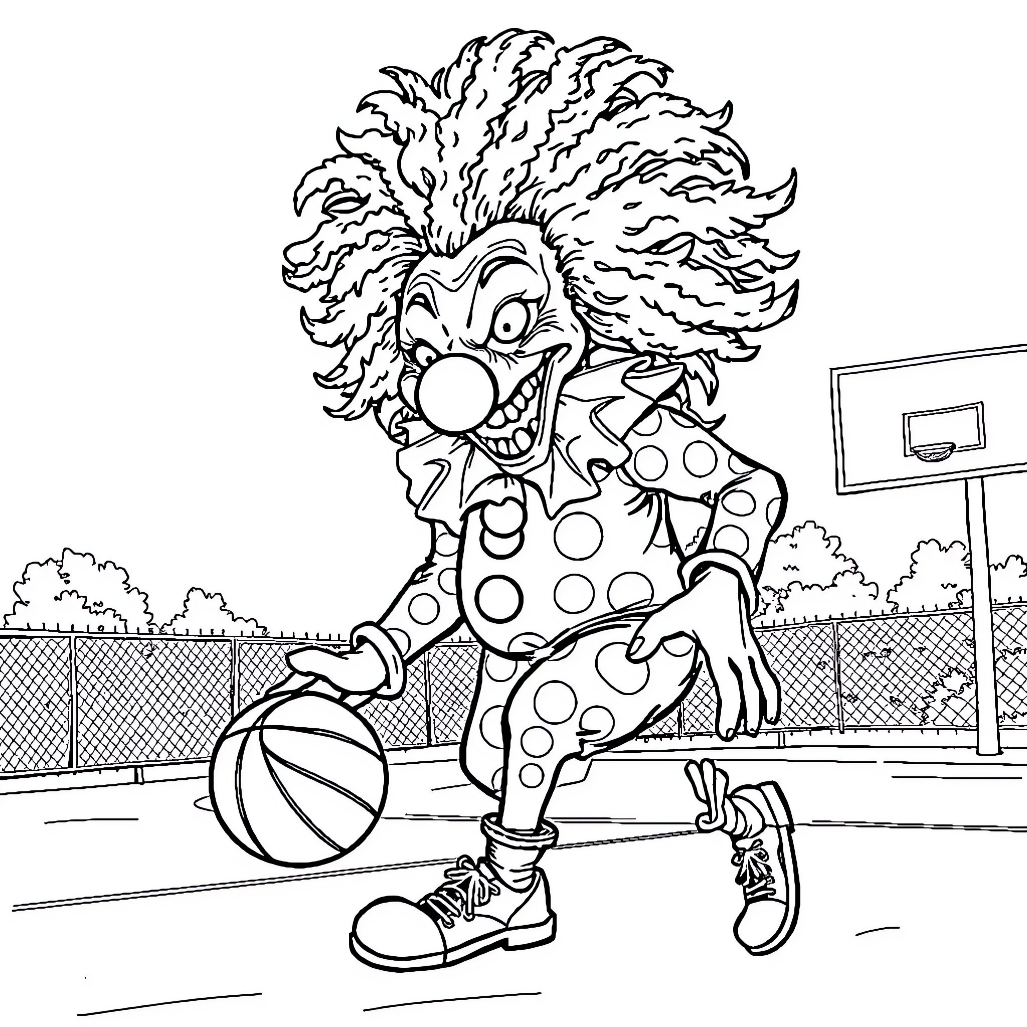 Clown playing with basketball on court Coloring Page (free black-and-white line drawing printable PDF for all, from beginners to advanced learners, including children, teens, adults, and seniors)
