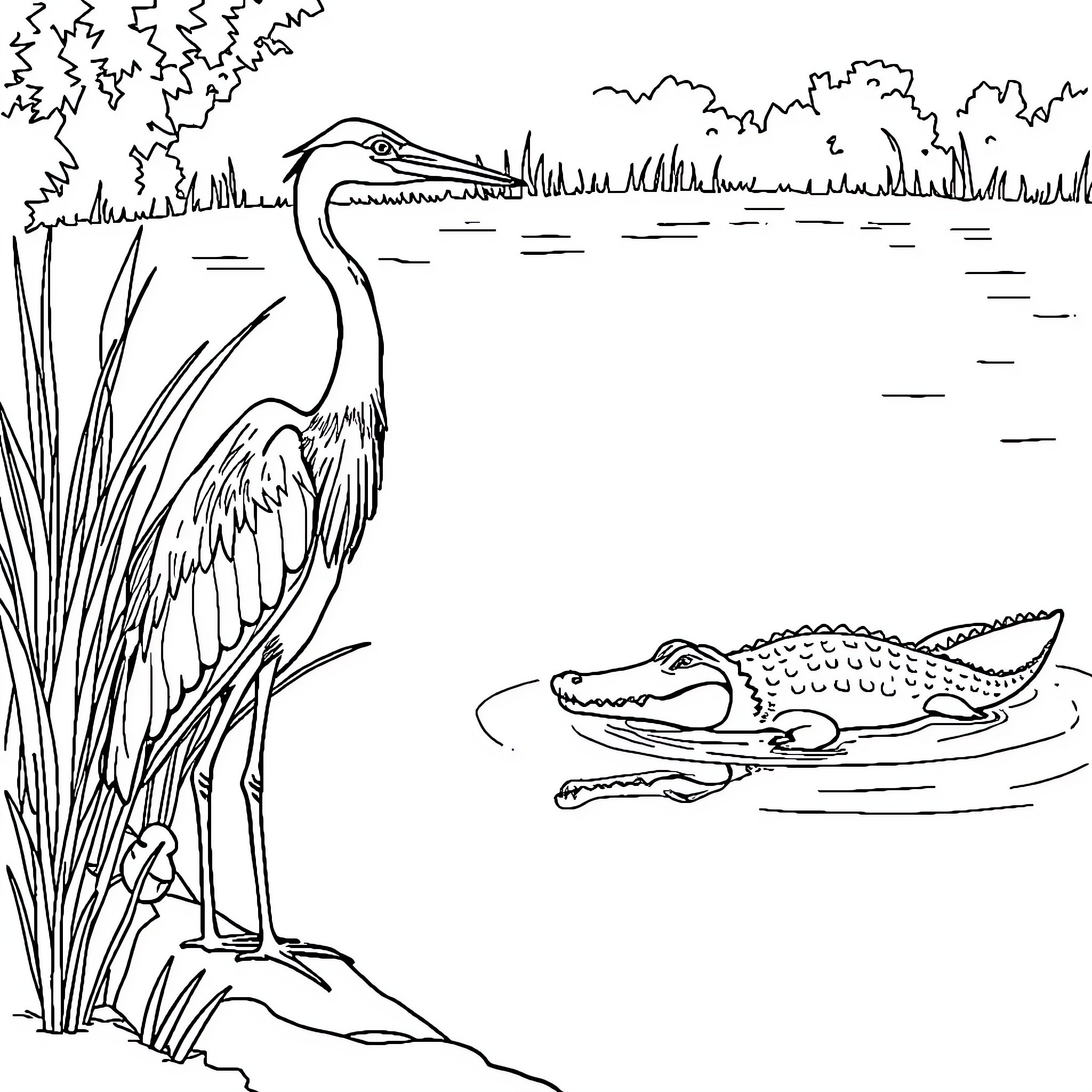 Heron observing an alligator in the swamp Coloring Page (free black-and-white line drawing printable PDF for all, from beginners to advanced learners, including children, teens, adults, and seniors)