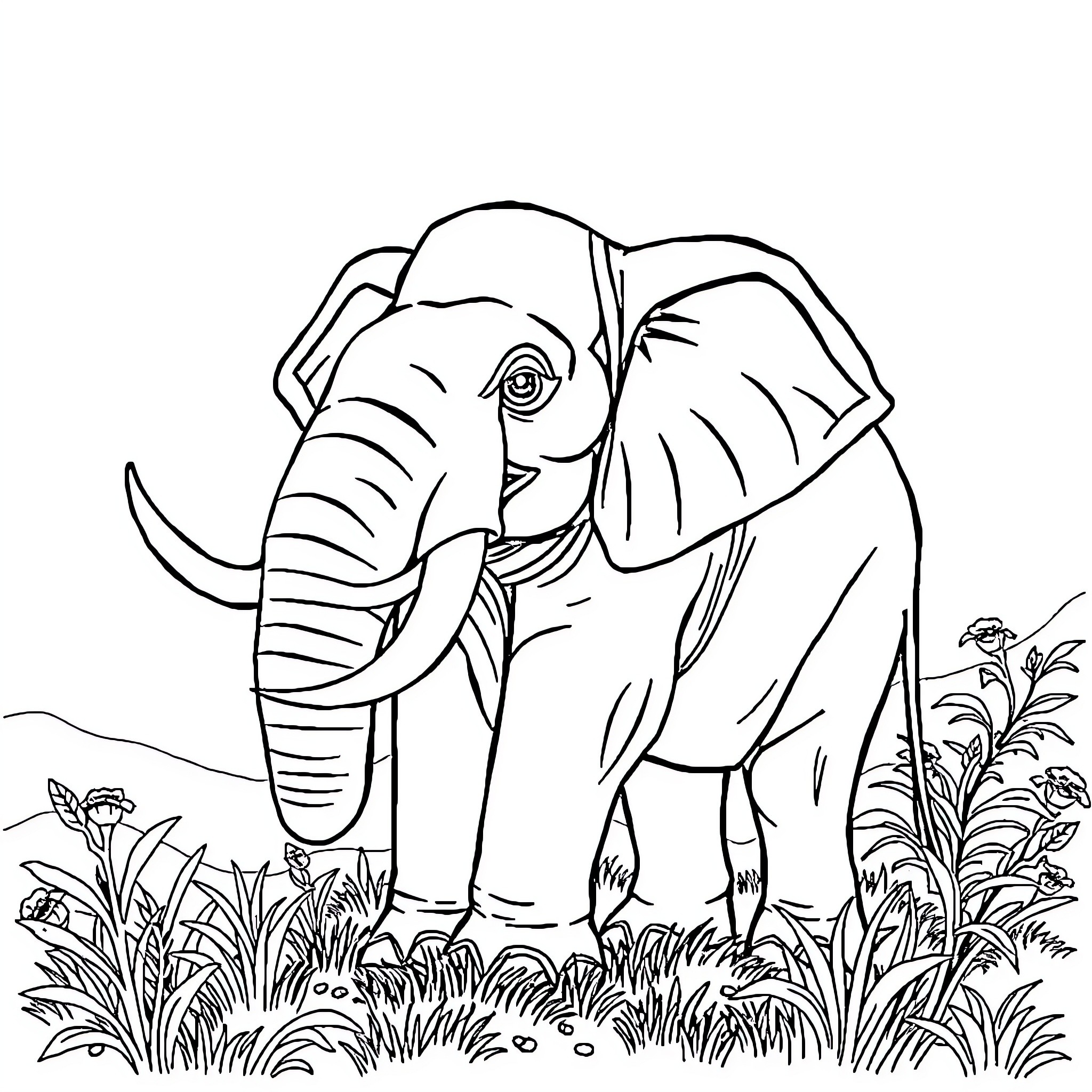 Elephant in the Wilderness Coloring Page (free black-and-white line drawing printable PDF for all, from beginners to advanced learners, including children, teens, adults, and seniors)