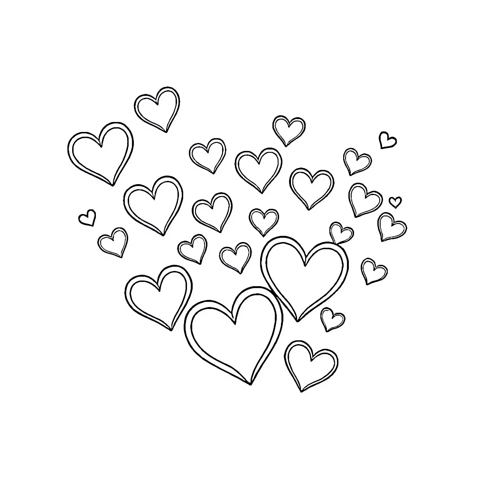 Heart-shaped Shapes in Scattered Arrangement Coloring Page (free black-and-white line drawing printable PDF for all, from beginners to advanced learners, including children, teens, adults, and seniors)