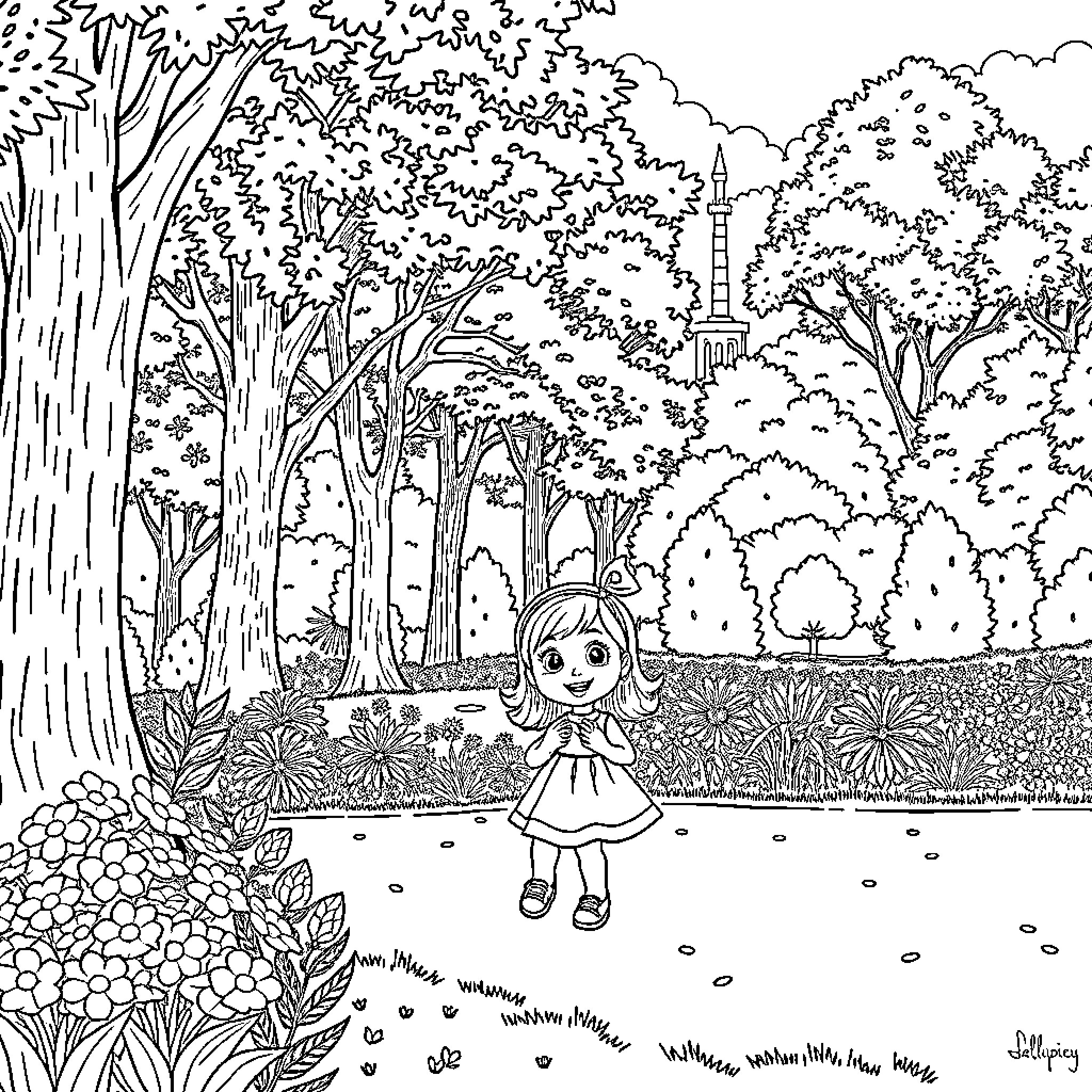 Gabby's Enchanted Forest Adventure Coloring Page (free black-and-white line drawing printable PDF for all, from beginners to advanced learners, including children, teens, adults, and seniors)