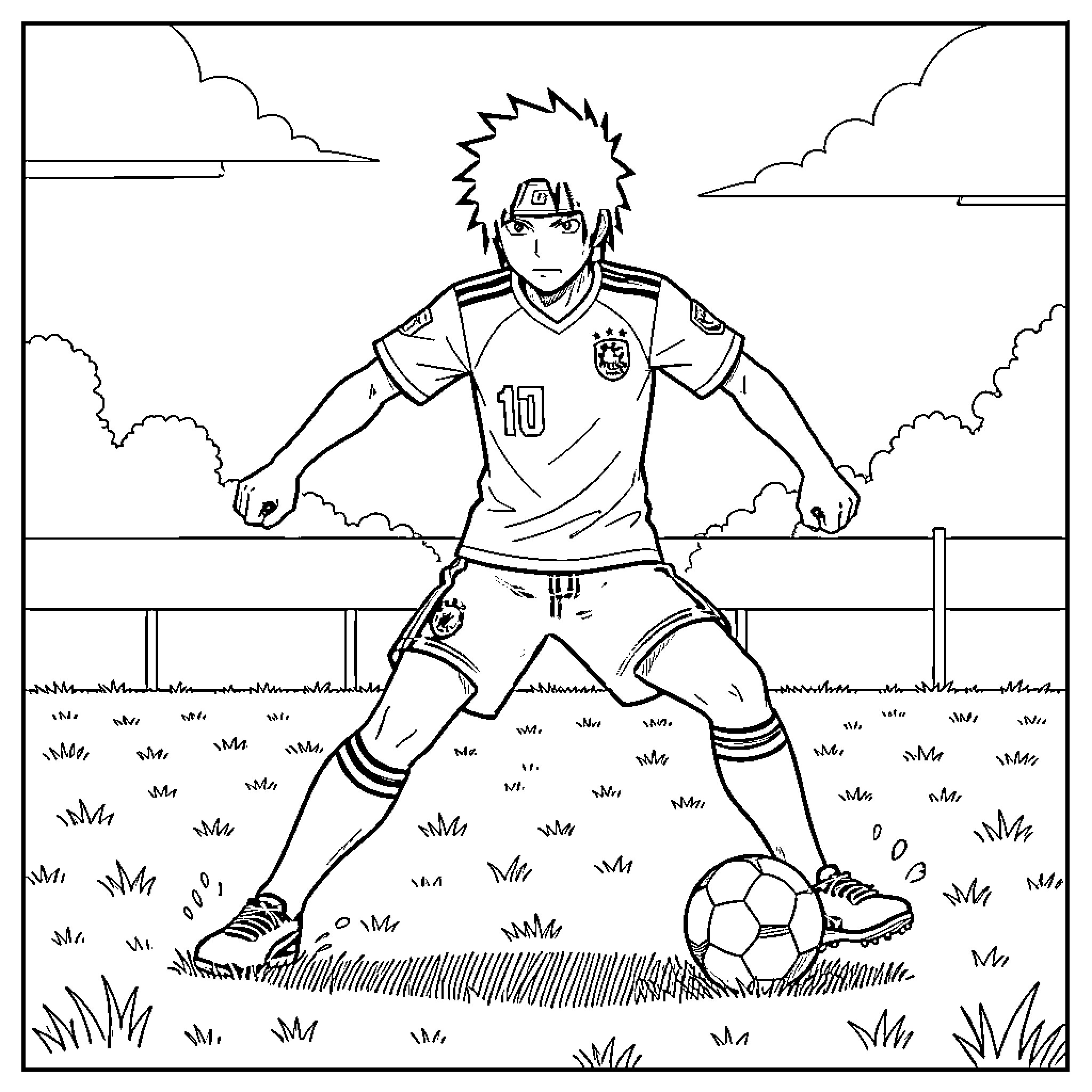 Sasuke Uchiha playing soccer in a sports outfit Coloring Page (free black-and-white line drawing printable PDF for all, from beginners to advanced learners, including children, teens, adults, and seniors)